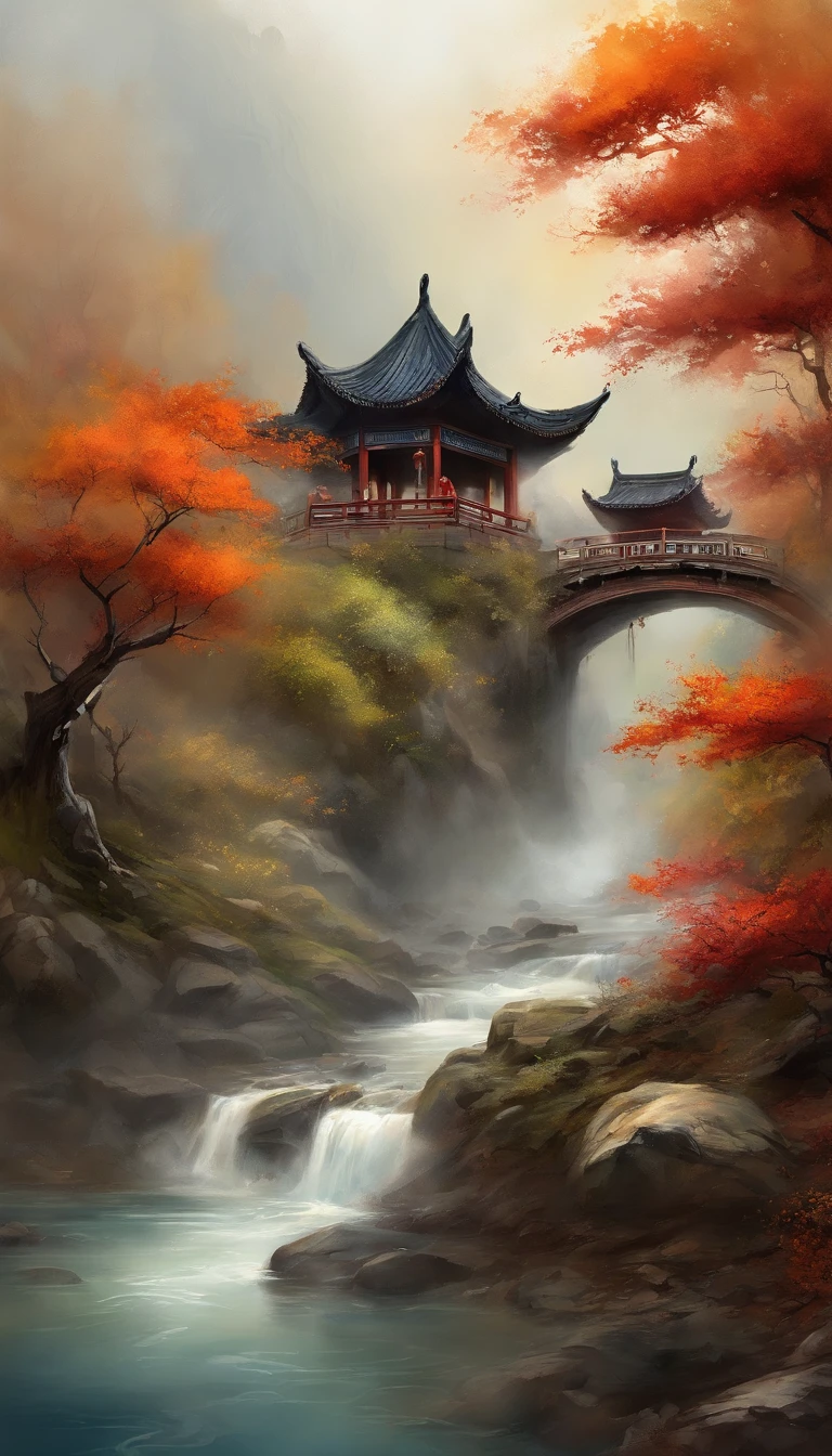 China-style，Ultra-wide angle of view，Beautiful view of autumn，mountain spring，waterfallr，Cloud fog，fall foliage，Fallen leaves all over the ground，oc rendered，high qulity，8K，super-fine，Hyper-realistic，Ultra photo realsisim，35mm camera lens，ultra - detailed