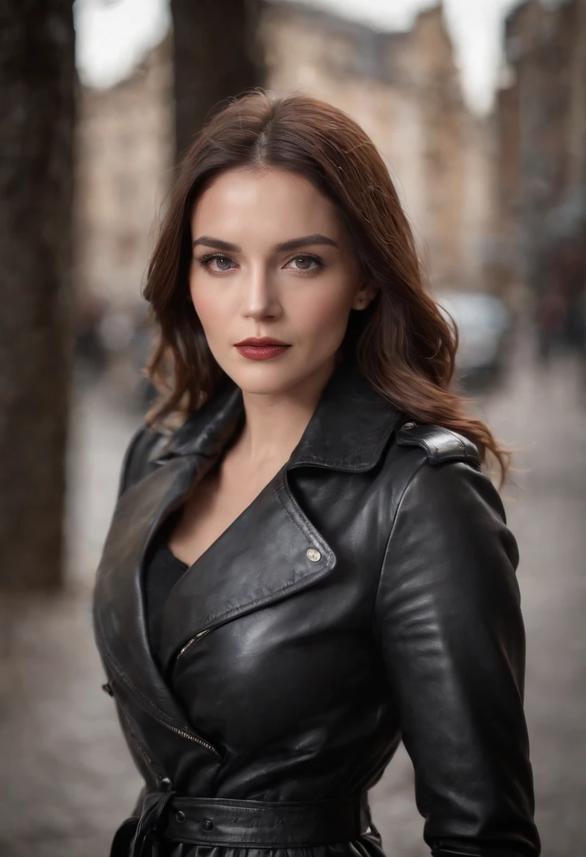 A woman looking at me in five-finger black leather gloves, black leather trench coat, and black leather long boots in both hands