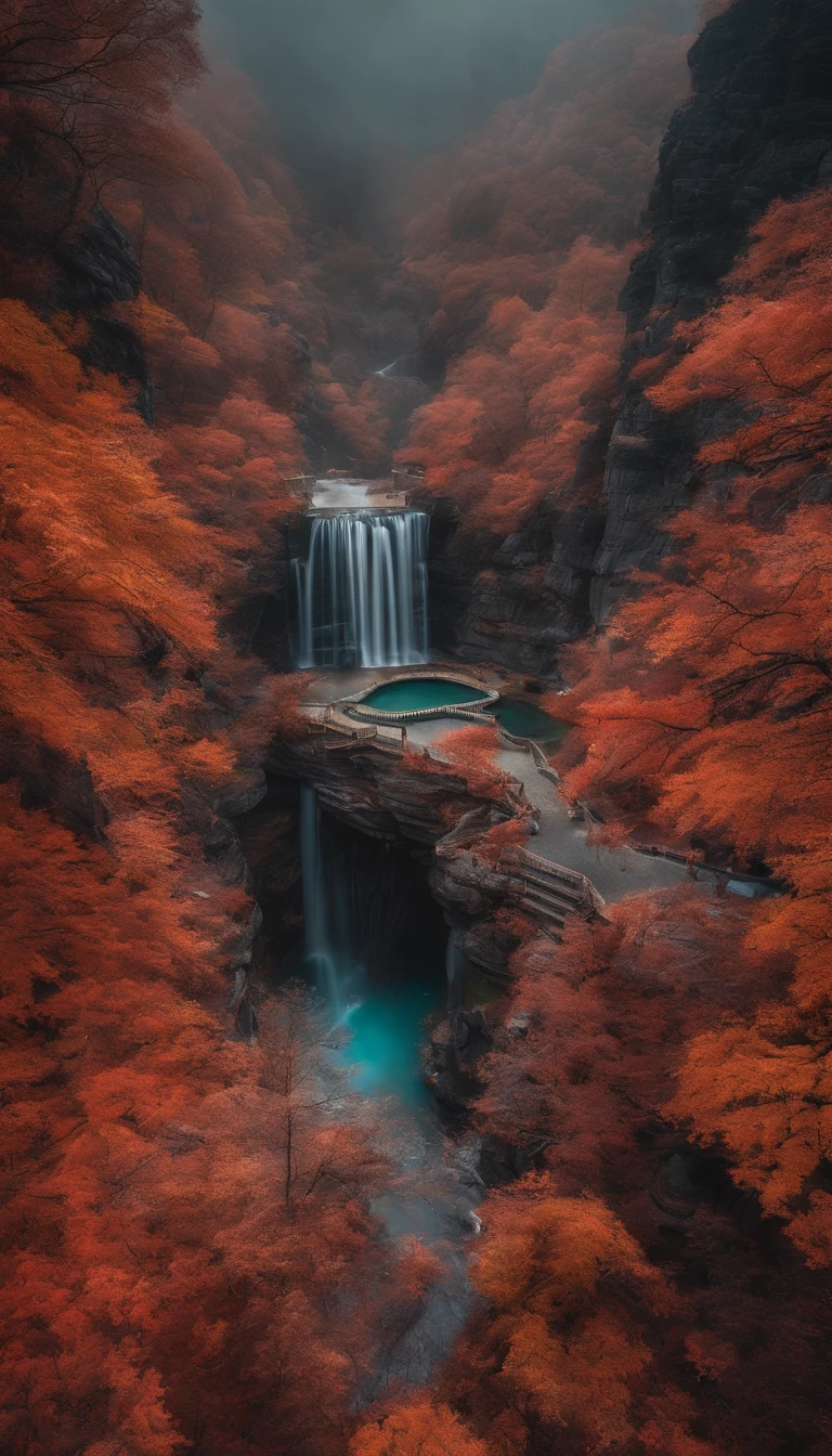 China-style，Ultra-wide angle of view，Beautiful view of autumn，mountain spring，waterfallr，Cloud fog，fall foliage，Fallen leaves all over the ground，oc rendered，high qulity，8K，super-fine，Hyper-realistic，Ultra photo realsisim，35mm camera lens，ultra - detailed