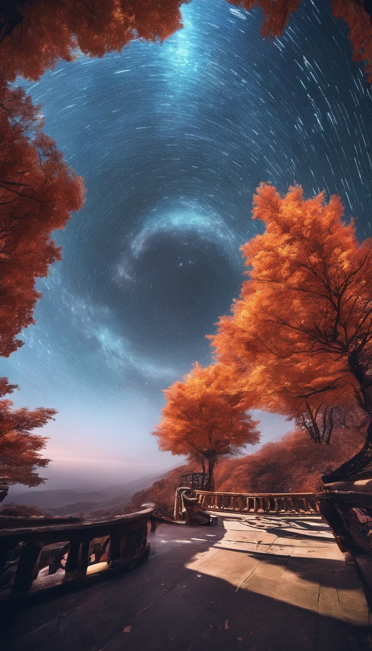 China-style,Ultra-wide angle of view,Beautiful view of autumn,mountain spring,waterfallr,Cloud fog,fall foliage,Fallen leaves all over the ground,oc rendered,high qulity,8K,super-fine,Hyper-realistic,Ultra photo realsisim,35mm camera lens,ultra - detailed