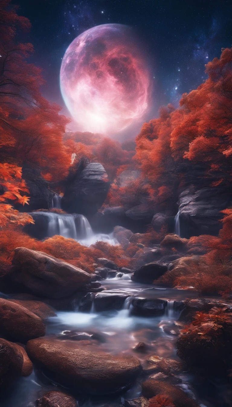China-style,Ultra-wide angle of view,Beautiful view of autumn,mountain spring,waterfallr,Cloud fog,fall foliage,Fallen leaves all over the ground,oc rendered,high qulity,8K,super-fine,Hyper-realistic,Ultra photo realsisim,35mm camera lens,ultra - detailed