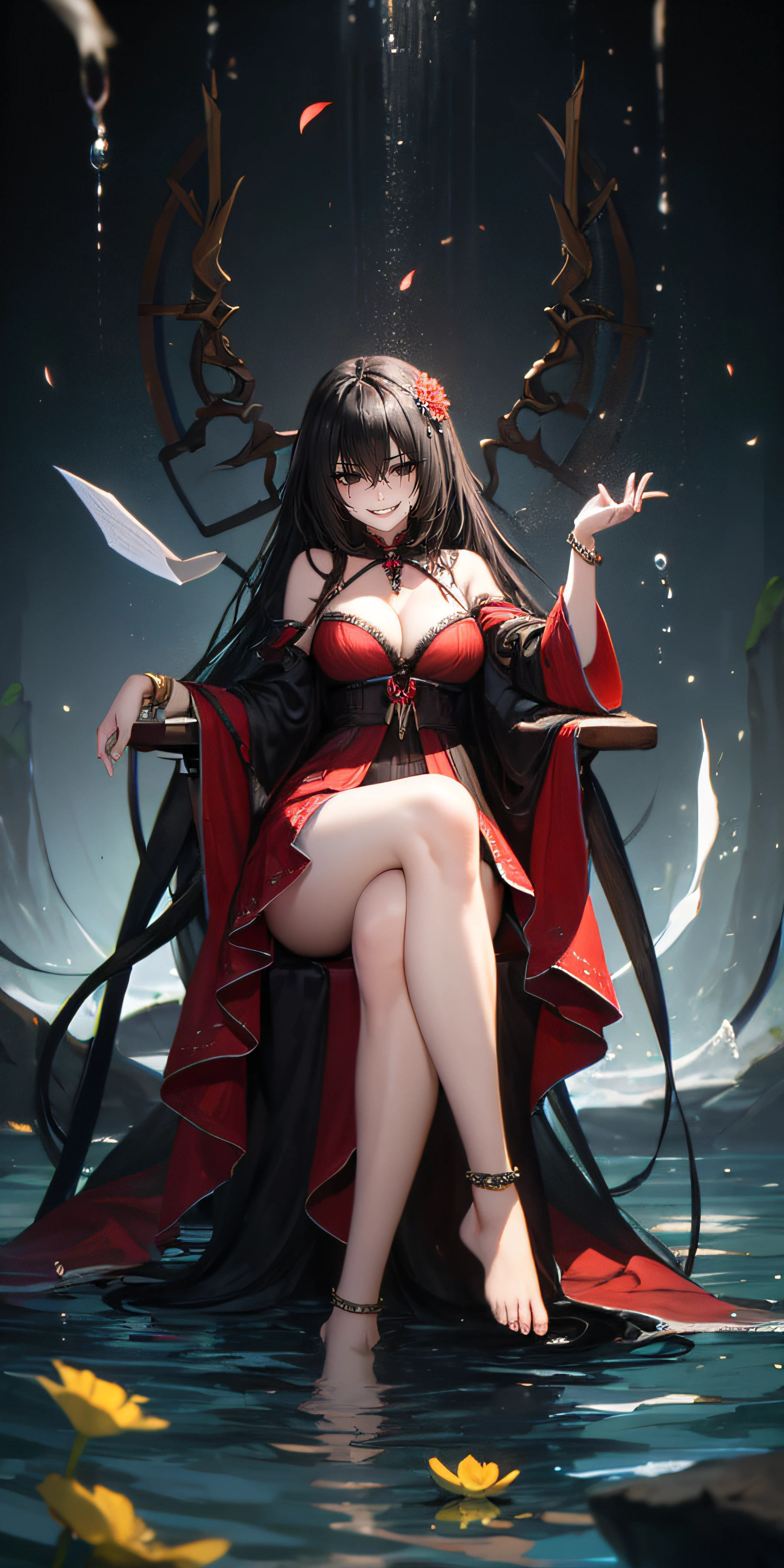 KirukiruAmou, (black hair, long hair, black eyes:1.4),  hair ornament, breasts, jewelry, 1girl, black_hair, long_hair, solo, anklet, sitting, cleavage, detached_sleeves, barefoot, bare_shoulders, bracelet, water, large_breasts, looking_at_viewer, smile, dress, hair_ornament, magic, fire, flower, very_long_hair, full_body, mole, wide_sleeves, bangs, feet, medium_breasts, thighs, petals, crossed_legs