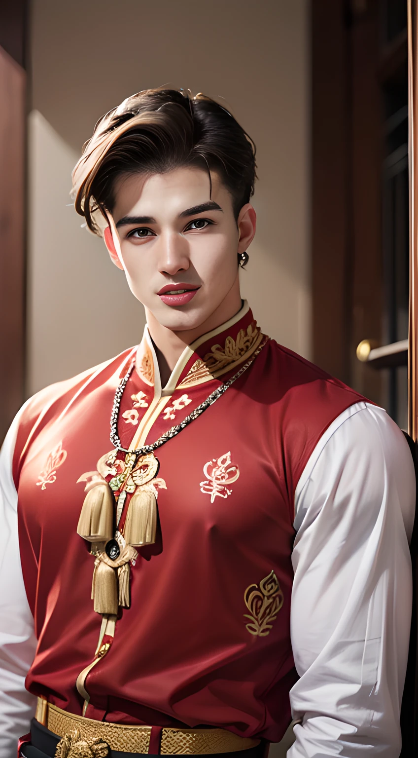 (8k, RAW photo, best quality, masterpiece:1.2), (realistic, photo-realistic:1.4), ultra-detailed, (young male internet celebrity),perfect detail , make up,(upper body shot:1.1),China Jiangnan water town style, a man, a dress with a red and gold pattern on it