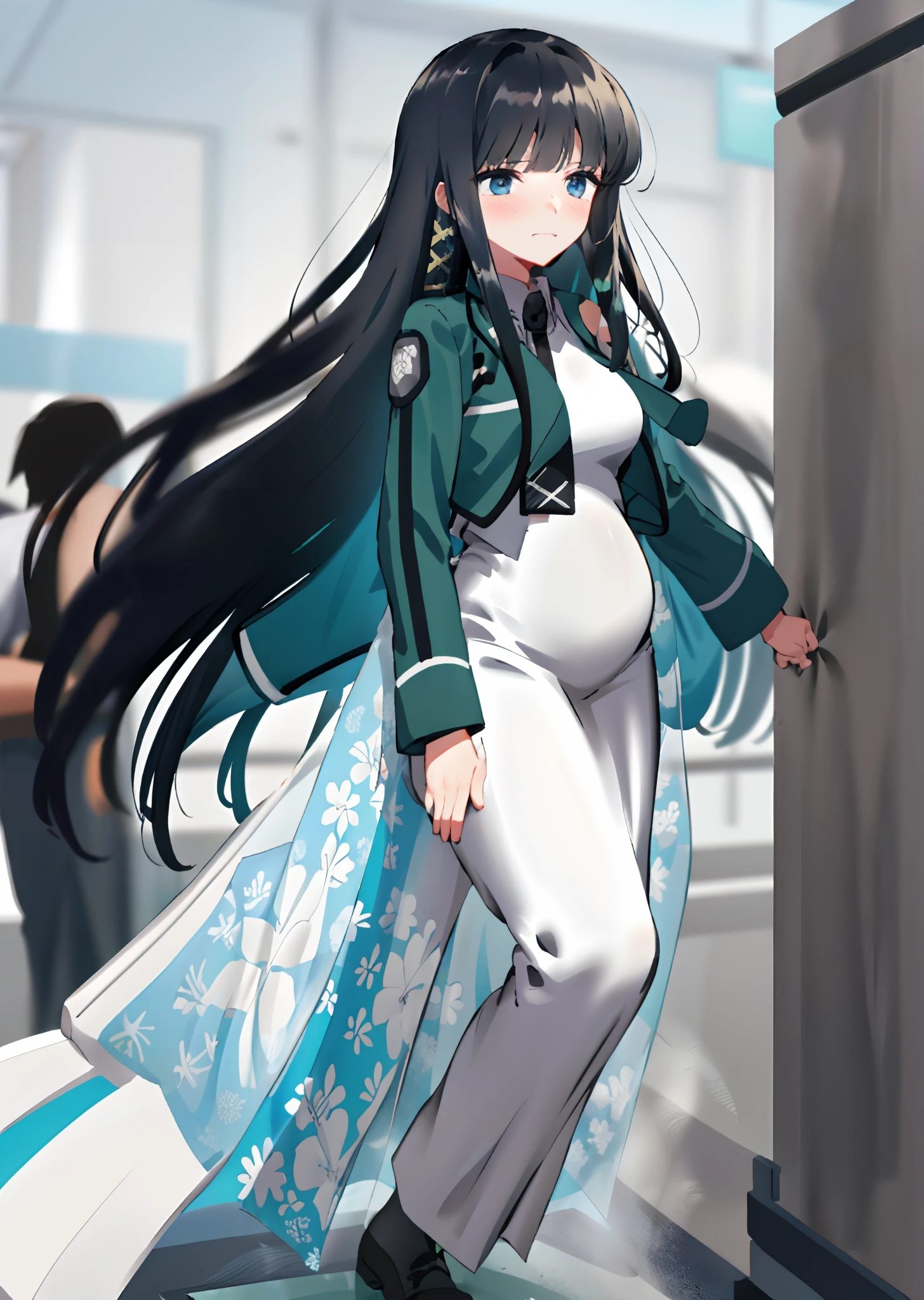 Long hair, black hair, 1girl, Look away, Standing, embarrassed from, Blushing, Keep your mouth shut, a street(Girl is peeing:1.7), pregnant, Pregnant
Belly, white coat, vest, gray long-sleeve polo, dark tie, blue green sole, leaked pee, kneeling down, medium breast,