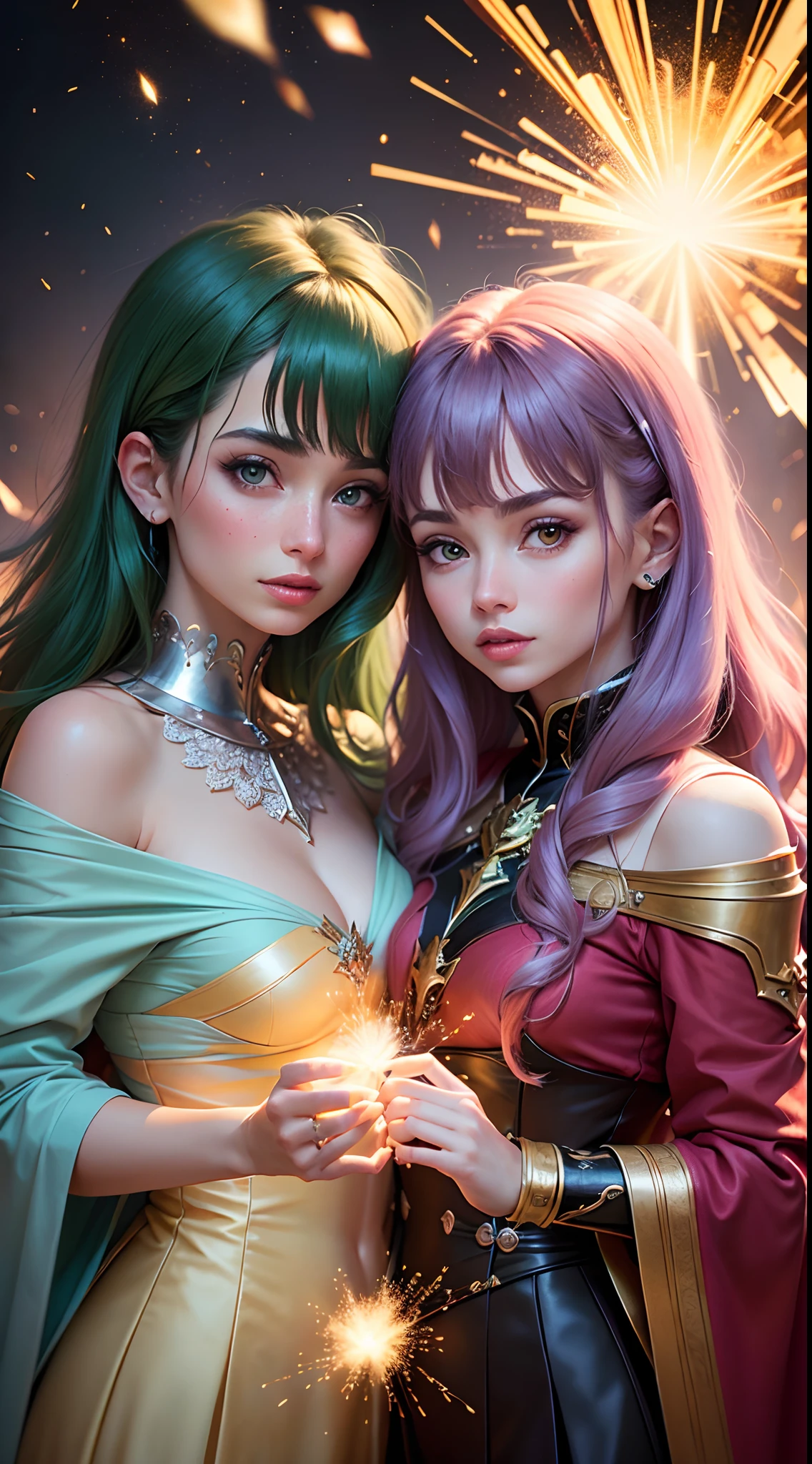 2 Guerreiras de vermelho, 2 mulheres com a magia dourada, The background of the image is dark and starry and full of patches of light with sparks of fire, 2 mulheres de tons de cabelo diferente assim como os olhos, 1 melher tem cabelos verde/verde, magical aura, the other purple haired melher, cabelos verdes