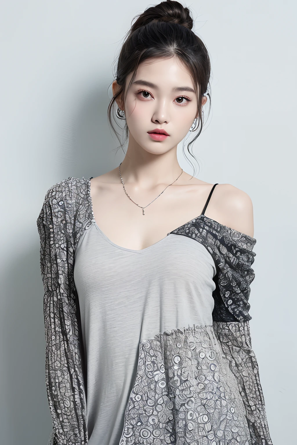 (extra detailed body、extra detailed face、best qualtiy:1.2)、femele、looking at the viewers、(Wacky fashion、Large shoulder-length piercings、a necklace、Clothes with strong contrast of gray and blue and white and black、asymmetry)、(Contrasting white and gray wall on background)