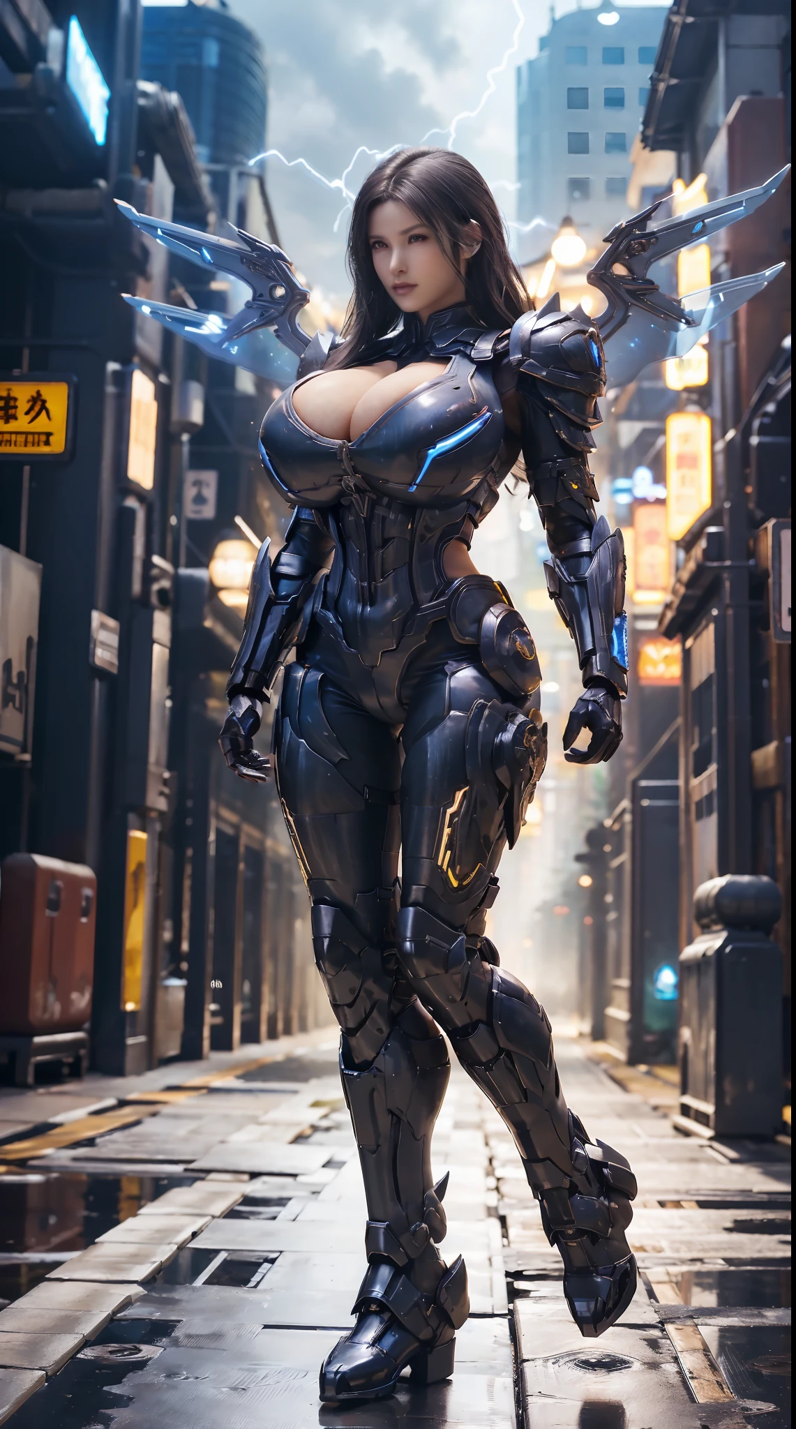 HUGE BOOBS, BLUE LIGHTNING DRAGON, (BLACK HAIR), MECHA ARMOR FULL SUIT, (CLEAVAGE), (A PAIR LARGEST WINGS), TRANSPARANT, TALL LEGS, STANDING, SEXY BODY, MUSCLE ABS.