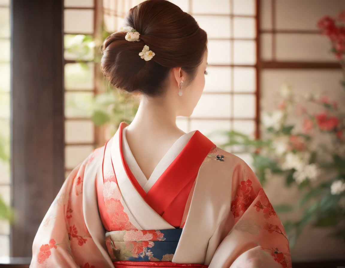 Master Pieces,hyper quality, Hyper Detailed,Perfect drawing,1woman,adult woman, Detailed drawing, Beauty in the world, Kimono, Japanese dress, Brown-haired、Japanese hair, Colorful Japan kimono, Yuzen Ori, Delicate and smart eyes, Half-open lips, sidelong glance, Graceful, Gorgeous, Beautiful, red blush(0.2), Dazzling, Stunning, Gorgeous, Gentle, spring light, natural soft light, Flowers and Birds Fugetsu, traditional Japanese room, Accurate drawing, up hairstyle,