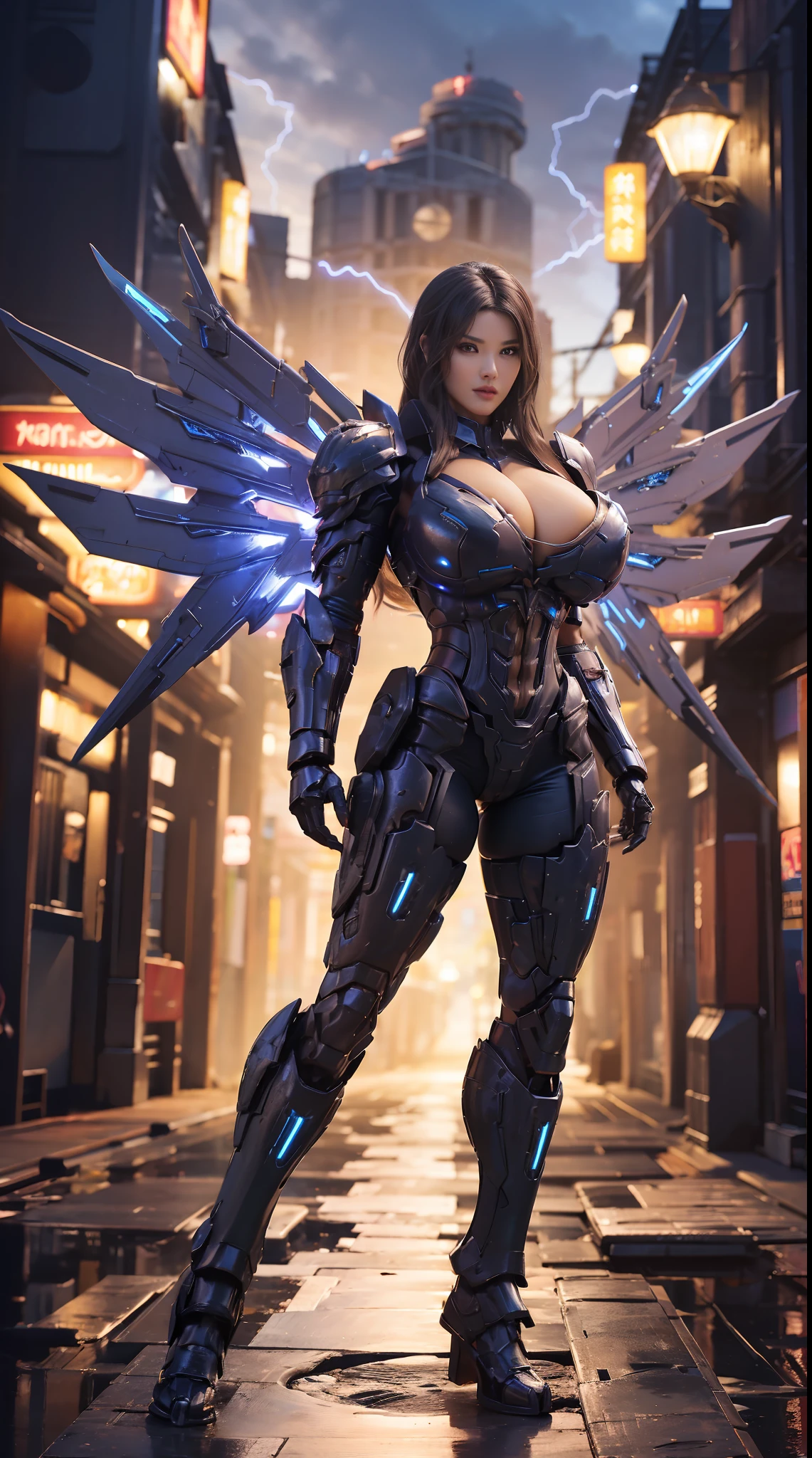 HUGE BOOBS, BLUE LIGHTNING DRAGON, (BLACK HAIR), MECHA ARMOR FULL SUIT, (CLEAVAGE), (A PAIR LARGEST WINGS), TRANSPARANT, TALL LEGS, STANDING, SEXY BODY, MUSCLE ABS.