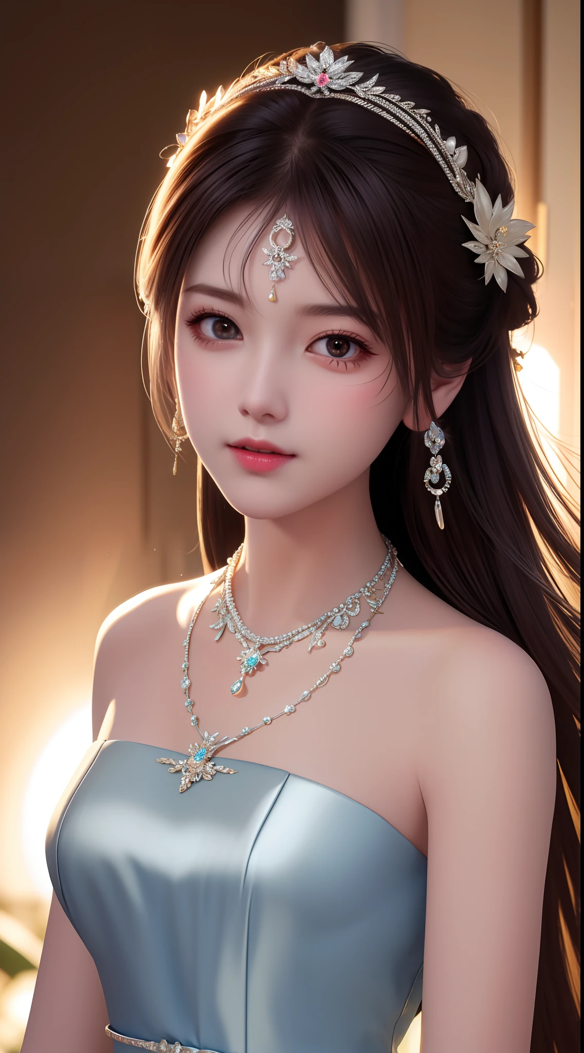 best quality, masterpiece, high resolution, 1 girl, porcelain dress, hair accessory, necklace, jewelry, beautiful face, upon_body, tyndall effect, realistic, dark studio, edge lighting, duotone lighting, (high detail skin:1.2), 8k ultra hd, DSLR, soft lighting, high quality, volumetric lighting, frank, photos, high resolution, 4k, 8k, bokeh, .gold style, architecture