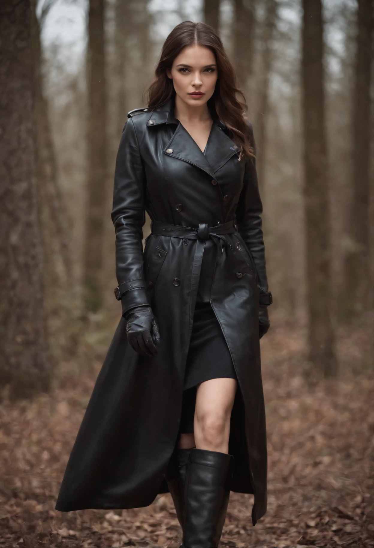 A woman looking at me in five-finger black leather gloves, black leather trench coat, and black leather long boots in both hands