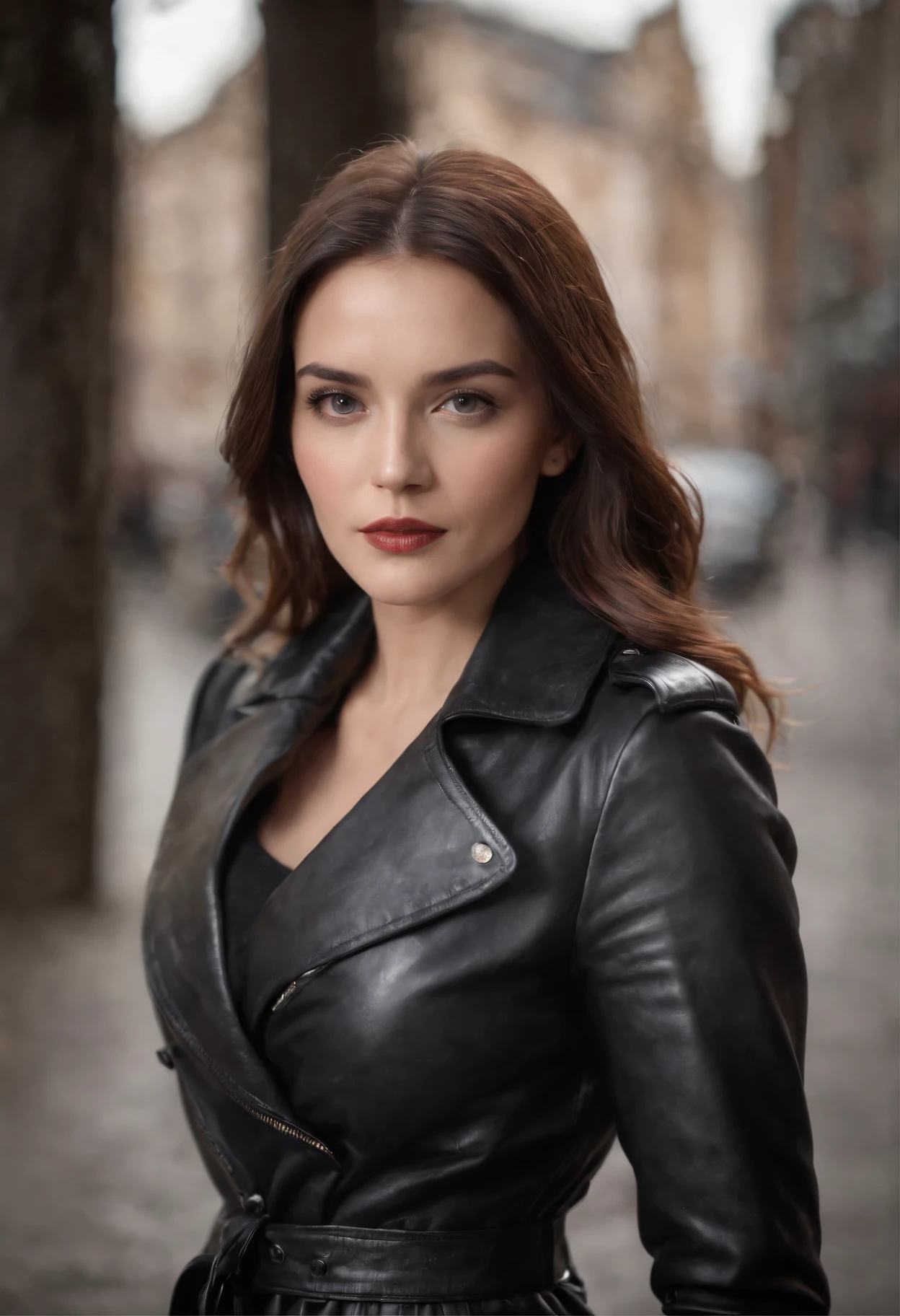 A woman in a black leather jacket posing for a picture - SeaArt AI