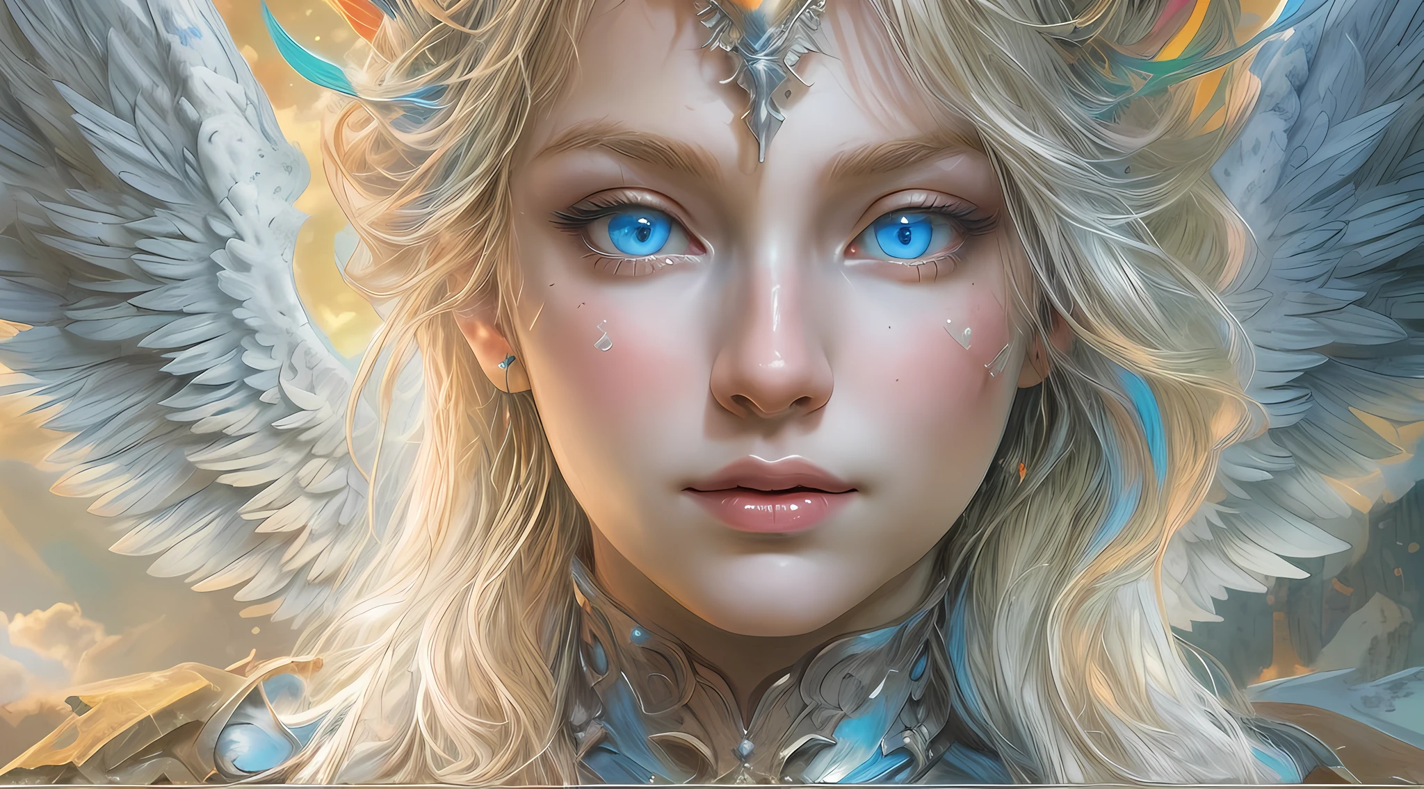 high details, best quality, 16k, [ultra detailed], masterpiece, best quality, dynamic angle, ultra wide shot, RAW, photorealistic, fantasy art, realistic art, a picture of a (colorful rainbow: 1.5) in the heavens and an archangel flying by, fantasy art, RPG art, a full distance shot, an epic (rainbow: 1.5) between the clouds, an epic beautiful female archangel, blond hair, long hair, (wavy hair: 1.2), (blue eyes: 1.2), intense eyes (best detailed face: 1.3), (ultra feminine: 1.3) spread angelic wings angel_wings, (rainbow colored wings: 1.5) wearing heavy armor, light clouds in the background, 16k, ultra detailed, masterpiece, best quality, ultra detailed, full body, ultra wide shot, photorealistic,