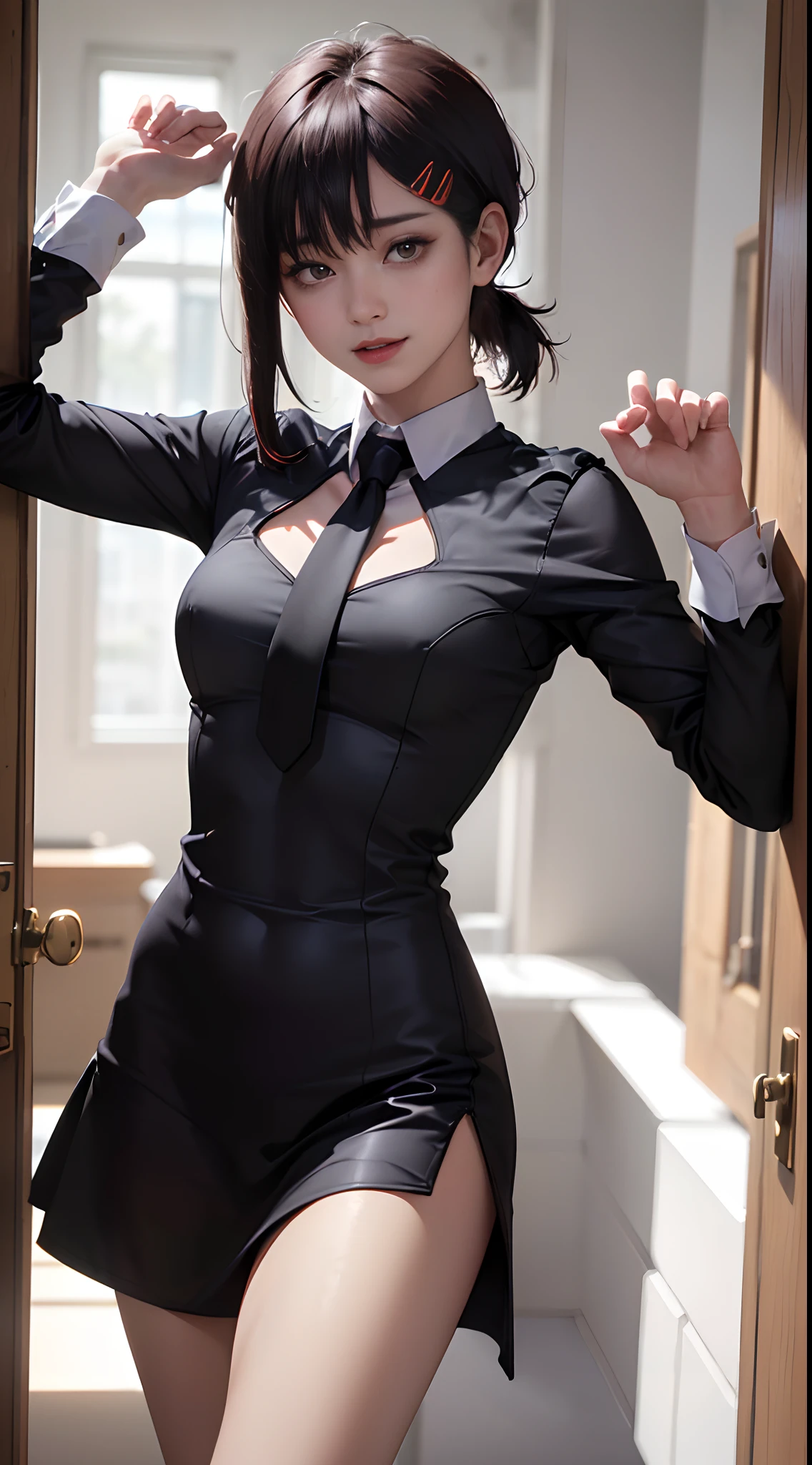 tmasterpiece,best qualtiy,ultra - detailed,illustratio,epic lighting,cinematic compositions,isometry,1girll,ssmile,Redlip,独奏,adolable,Black eyes,Black color hair,By bangs,red hair clips,blouse with a white collar,black necktie,Black pantsuit,Professional Dress,captivating posture,inside in room,office room,Open the door,looking at viewert,peeking out upper body,Be red in the face,seduct smile,Shut your mouth,(8K:1.1),
