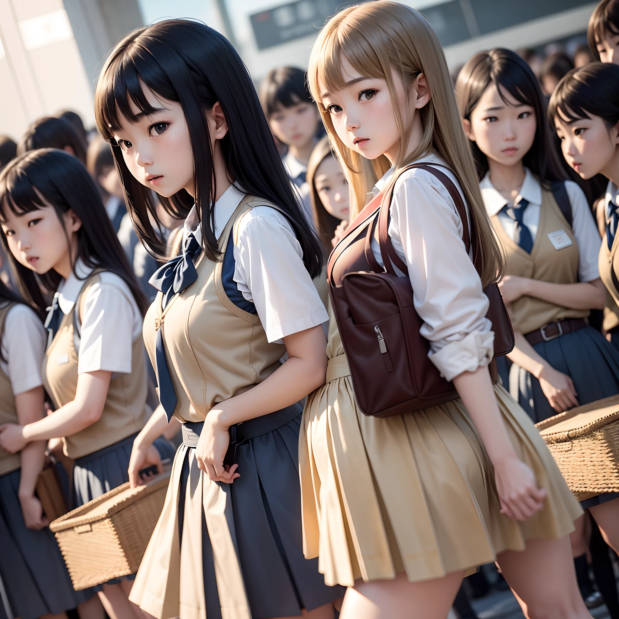 vests、​masterpiece、An ultra-high picture quality、realisitic　30 high school girls　Japanese high school  girl　in group photograph　swarm　Crowd of schoolgirls　rialistic photo