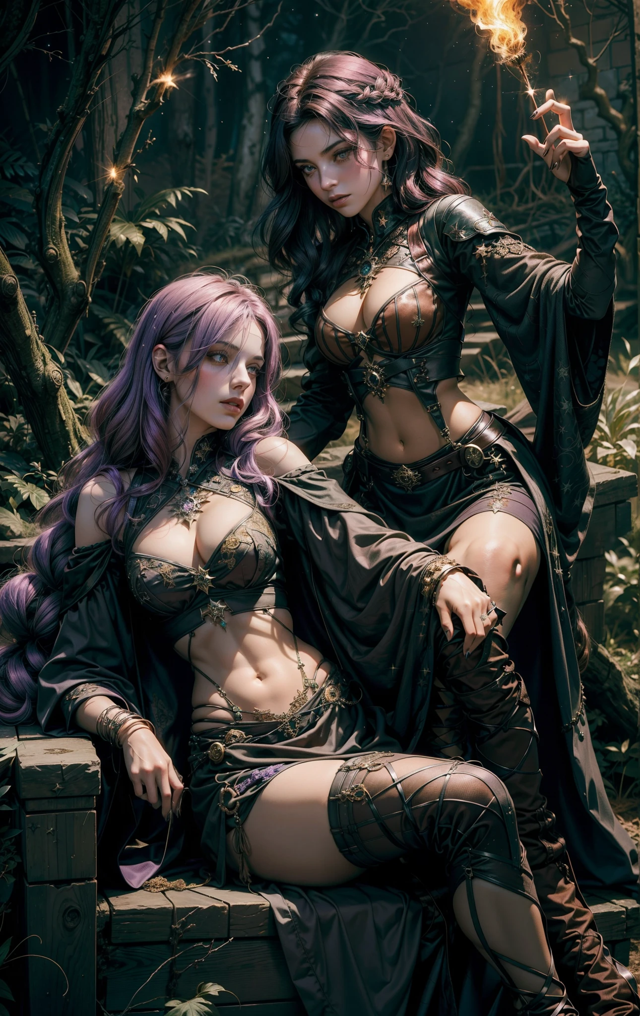 2 mulheres com a magia dourada, The background of the image is dark and starry and full of patches of light with sparks of fire, 2 mulheres de tons de cabelo diferente assim como os olhos, 1 melher tem cabelos verdes, the other melher has hair and lilac