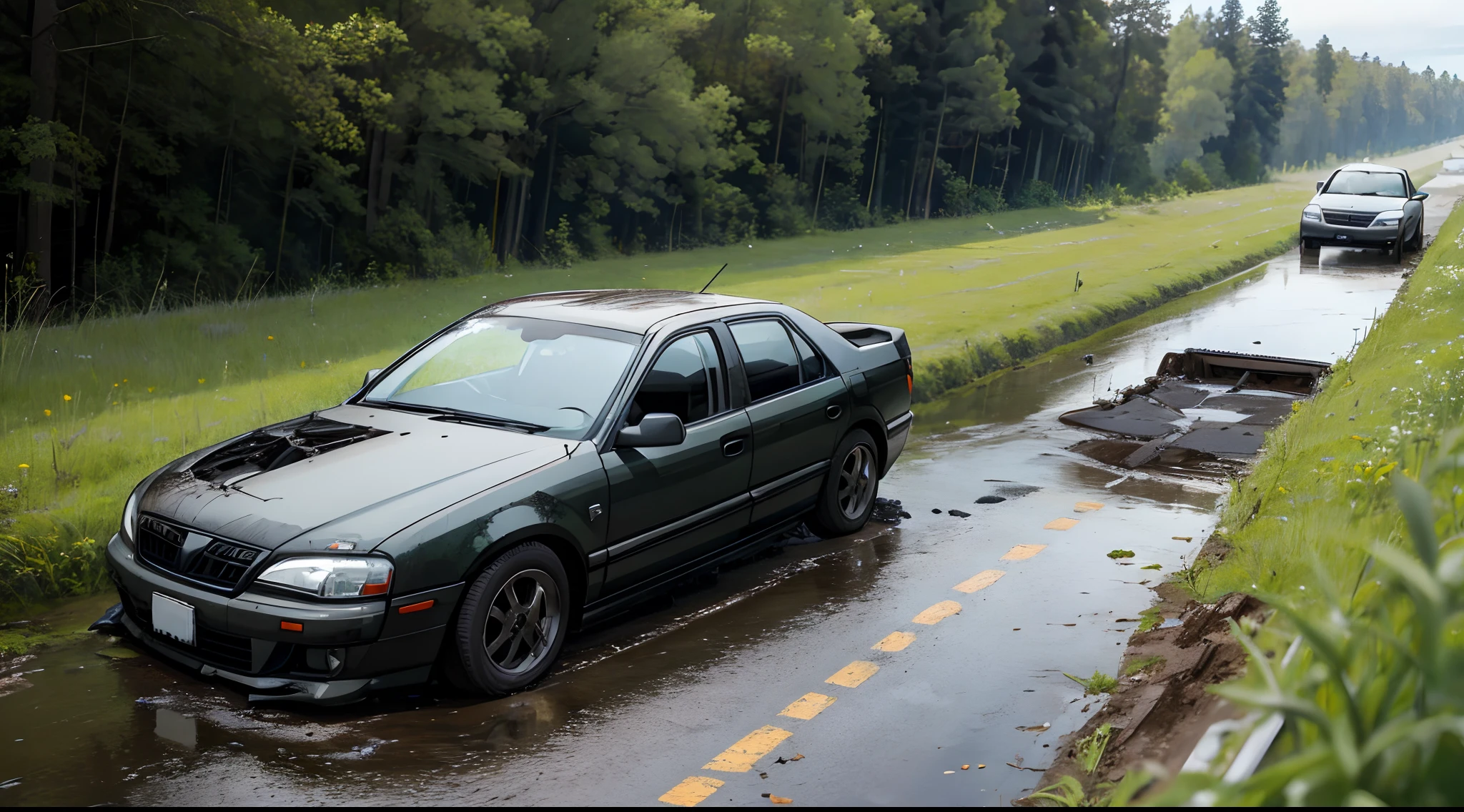 the body of a wrecked car in a ditch beside the road.