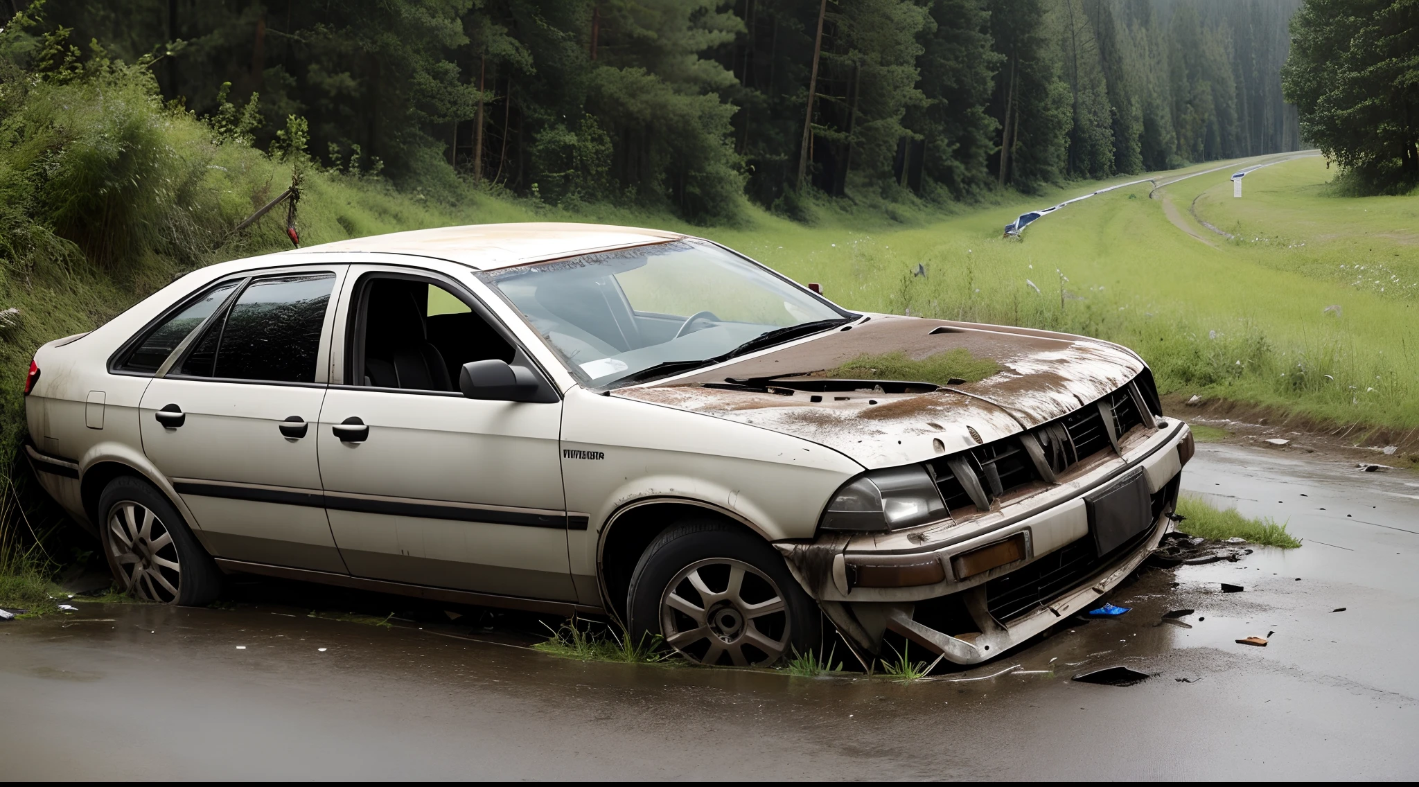 the body of a wrecked car in a ditch beside the road.