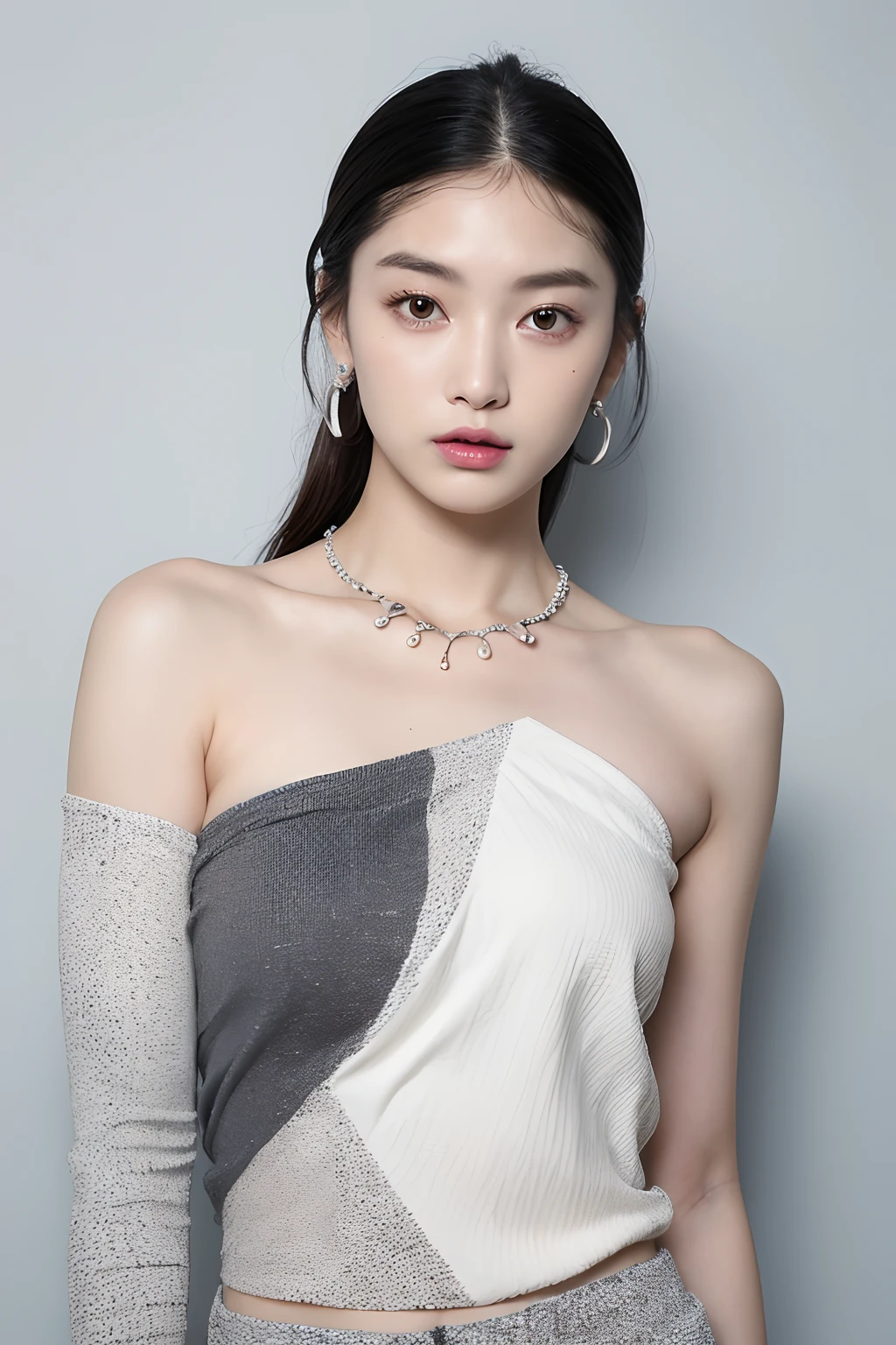 (extra detailed body、extra detailed face、best qualtiy:1.2)、femele、looking at the viewers、(Wacky fashion、Large shoulder-length piercings、a necklace、Clothes with strong contrast of gray and blue and white and black、asymmetry)、(Contrasting white and gray wall on background)