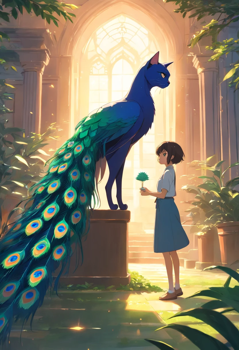 Pair a cat with a peacock, With high detail, Cinematic lighting, Rays of God, UHD, high definition