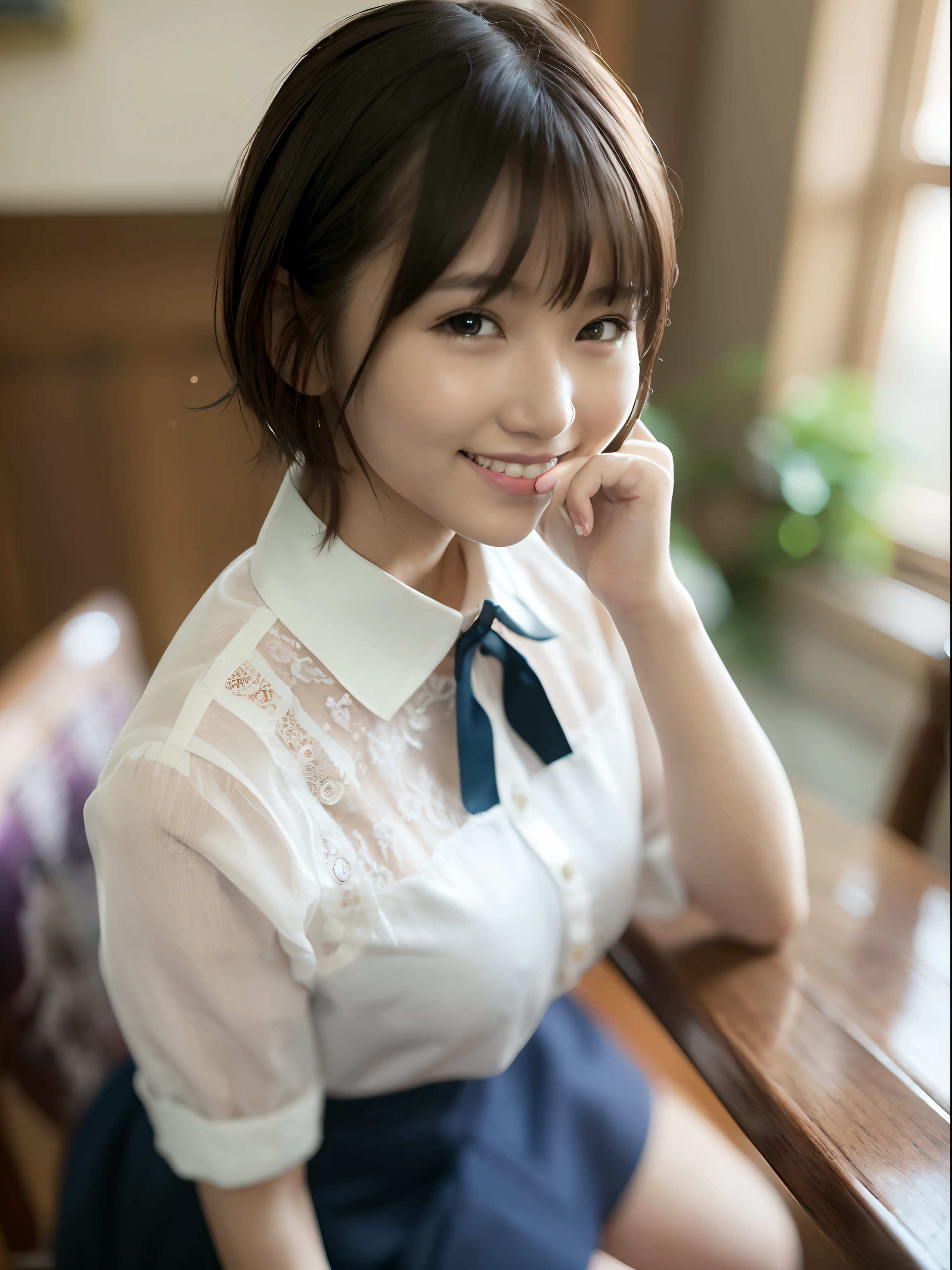 (8K、top-quality、​masterpiece:1.2)、(realisitic、Photorealsitic:1.37)、ultra-detailliert、女の子 1 人、cute little、Soio、Beautiful detailed sky、Detailed Cafe、natta、sitting on、date、(Nasal blush)、 (A smile:1.15),(Closed)small tits,Beautiful fineness,(shirt with collar:1.1),natta,Wet,Business Wear,Sateen,White lace,(short-hair:1.2),Floating Hair NovaFrogStyle,An 18-year-old woman、Happy smile