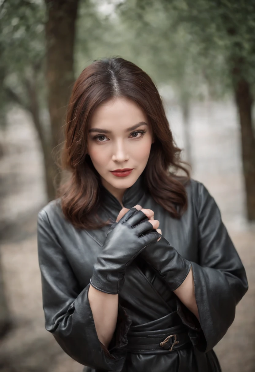 Black leather gloves、Woman in Black Leather Robe