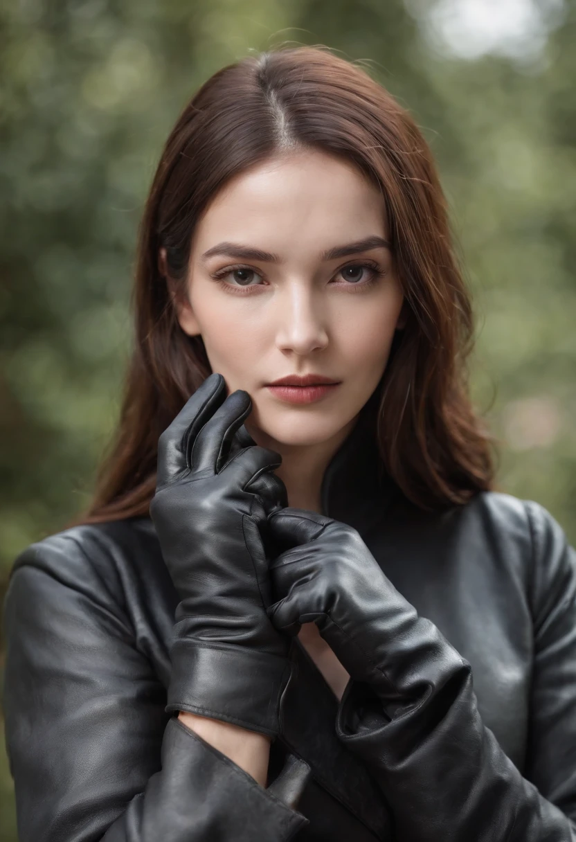 Black leather gloves、Woman in Black Leather Robe