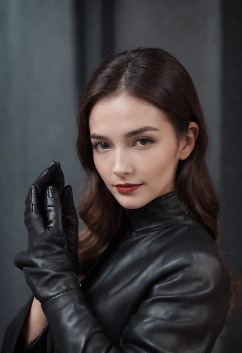 Black leather gloves、Woman in Black Leather Robe