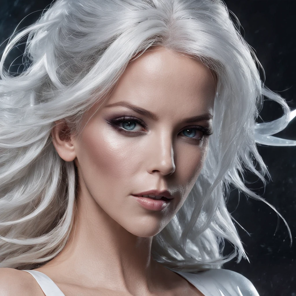 (((Kate Beckinsale as ice queen from X-Men))), (wearing sexy ice queen costume, white miniskirt), (hyper realistic:1.4), (realistic:1.3), (best quality real texture skin), muscular girl, (wavy long white hair), (Use flashy lightning magic:1.4), (Dramatic Light),1Beautiful woman, ((sexy)), ((cleavage)), ((nippin)), , Lightning is in your hands, thunder in the background, ice armor, detailed face, All white hair, white eyes, glowing light eyes, superhero pose, Fujifilm X-T3, 1/1250sec at f/2.8, ISO 160, 84mm, cinematic lighting