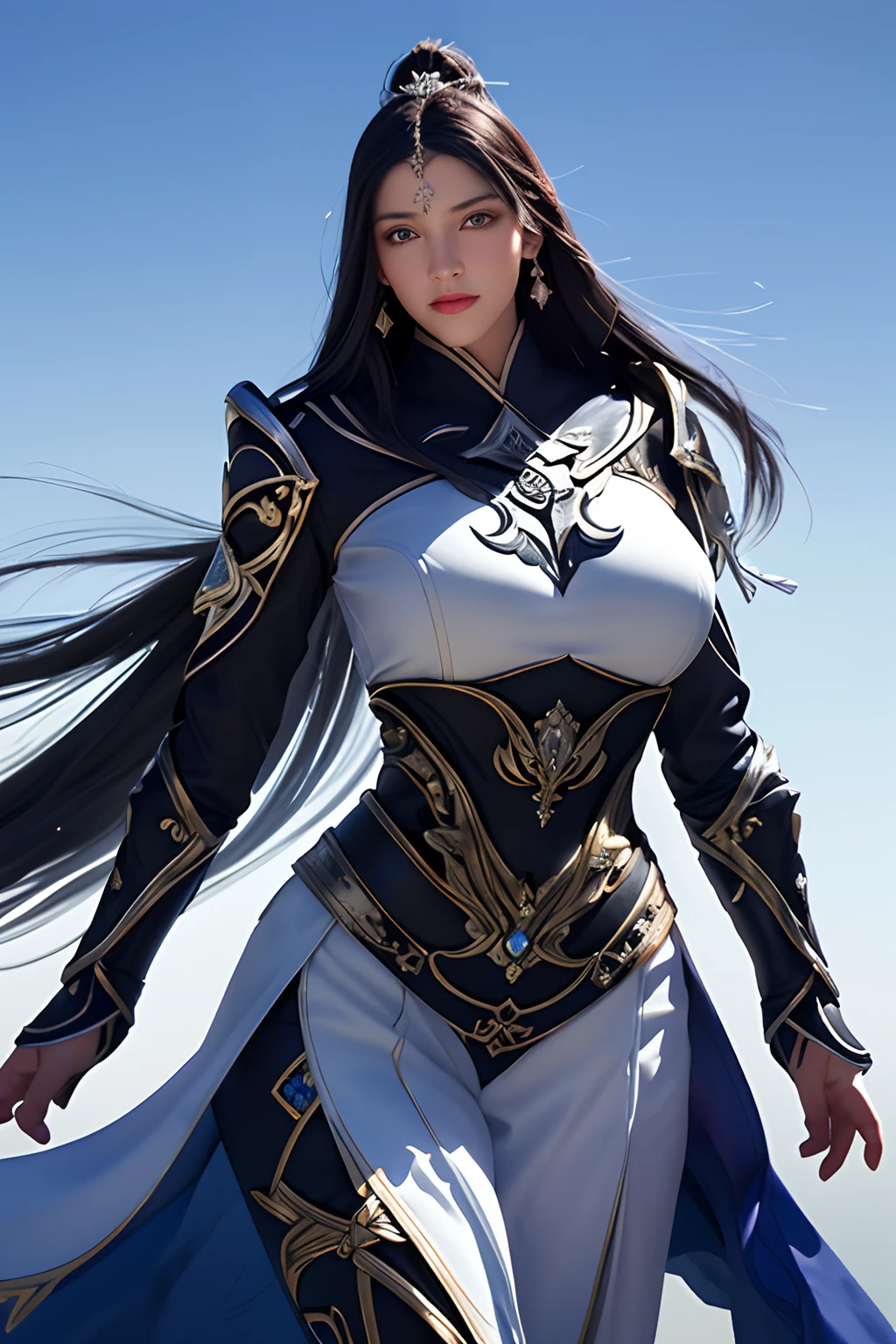 1girl, depth of field, official art, unity 8k wallpaper, ultra detailed, illustration, beautiful and aesthetic, masterpiece, best quality, knight, (big breasts), (milf, mature female), (black armor, armor, breastplate), beautiful face, (long hair, black hair,  very straight hair:1.4, hime cut:1.4), blue eyes, cowboy shot, glowing skin, back lighting, athletic figure, muscular female, curvy, wide hips, colorful, looking at viewer, Hyperrealistic, gradient background, dark background, outline, fantasy, from the front, watercolor, traditional media, (chromatic aberration, intricate details)