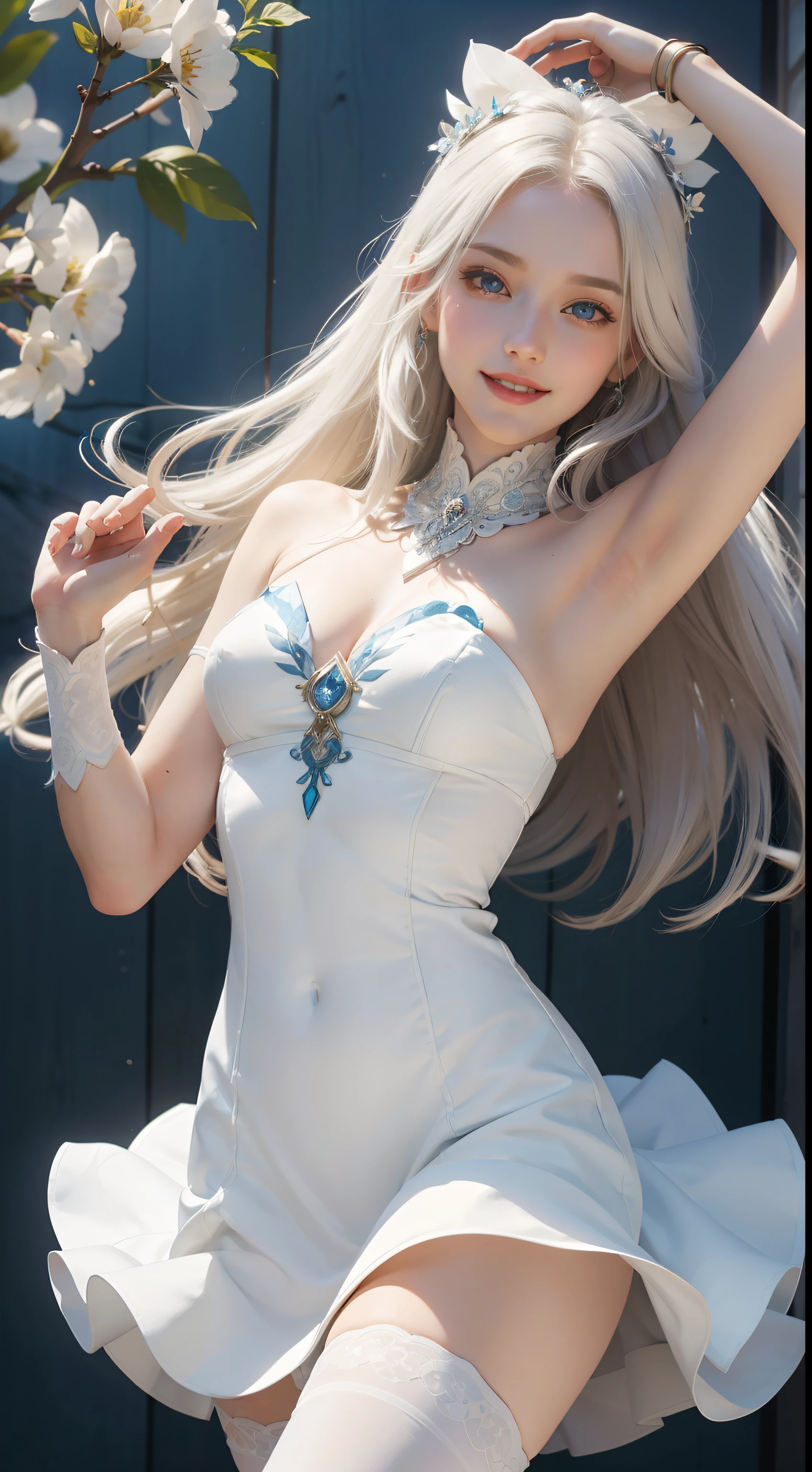 Natural steppes,White goddess blue eyes in human shape、beautiful body of a flower of a very attractive age with white pubic hair,,,,,,White Isekai Dress,Frolic cheerfully,A smile,Dancing,Skinny Legs,