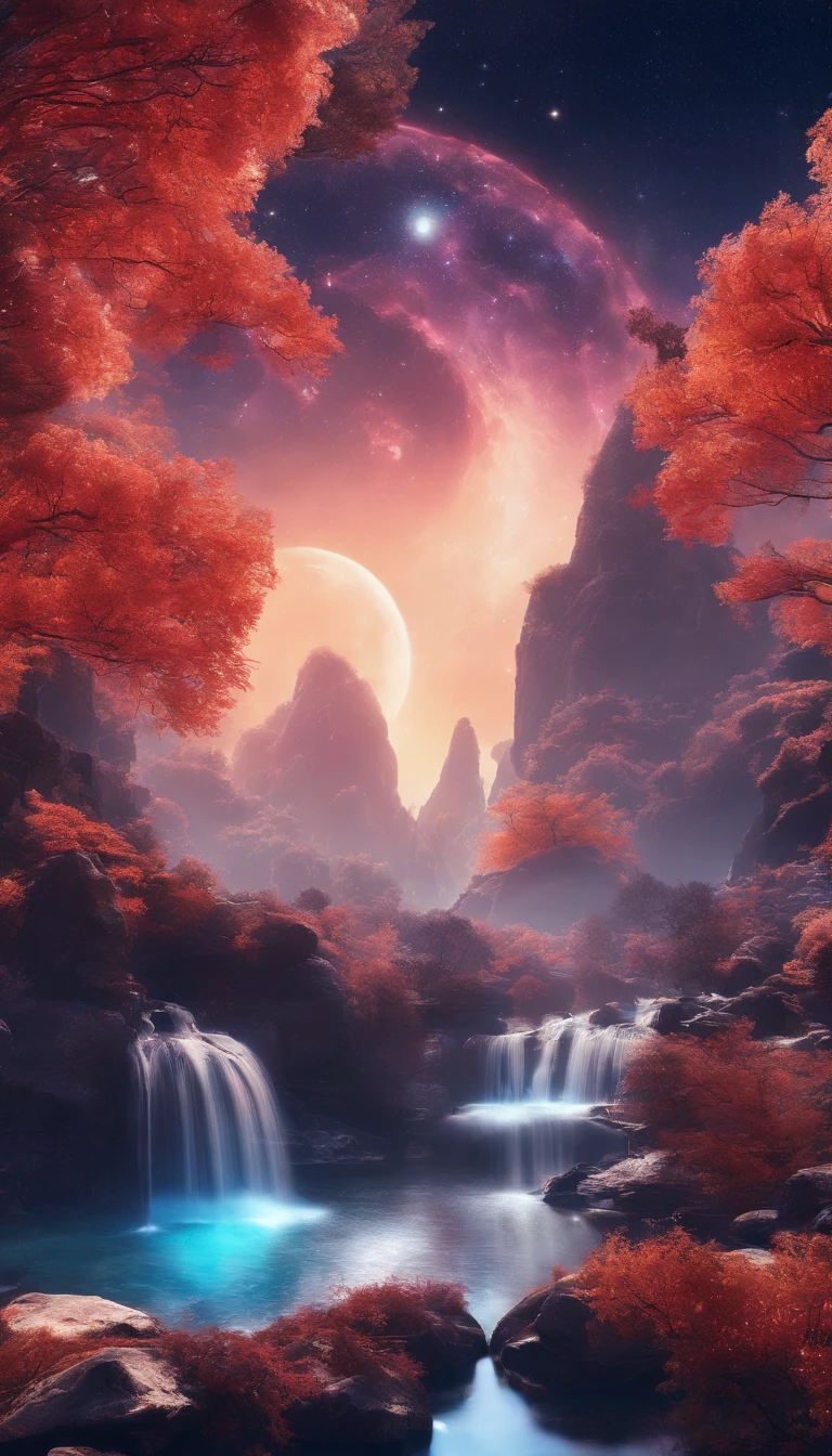 China-style，Ultra-wide angle of view，Beautiful view of autumn，mountain spring，waterfallr，Cloud fog，fall foliage，Fallen leaves all over the ground，oc rendered，high qulity，8K，super-fine，Hyper-realistic，Ultra photo realsisim，35mm camera lens，ultra - detailed