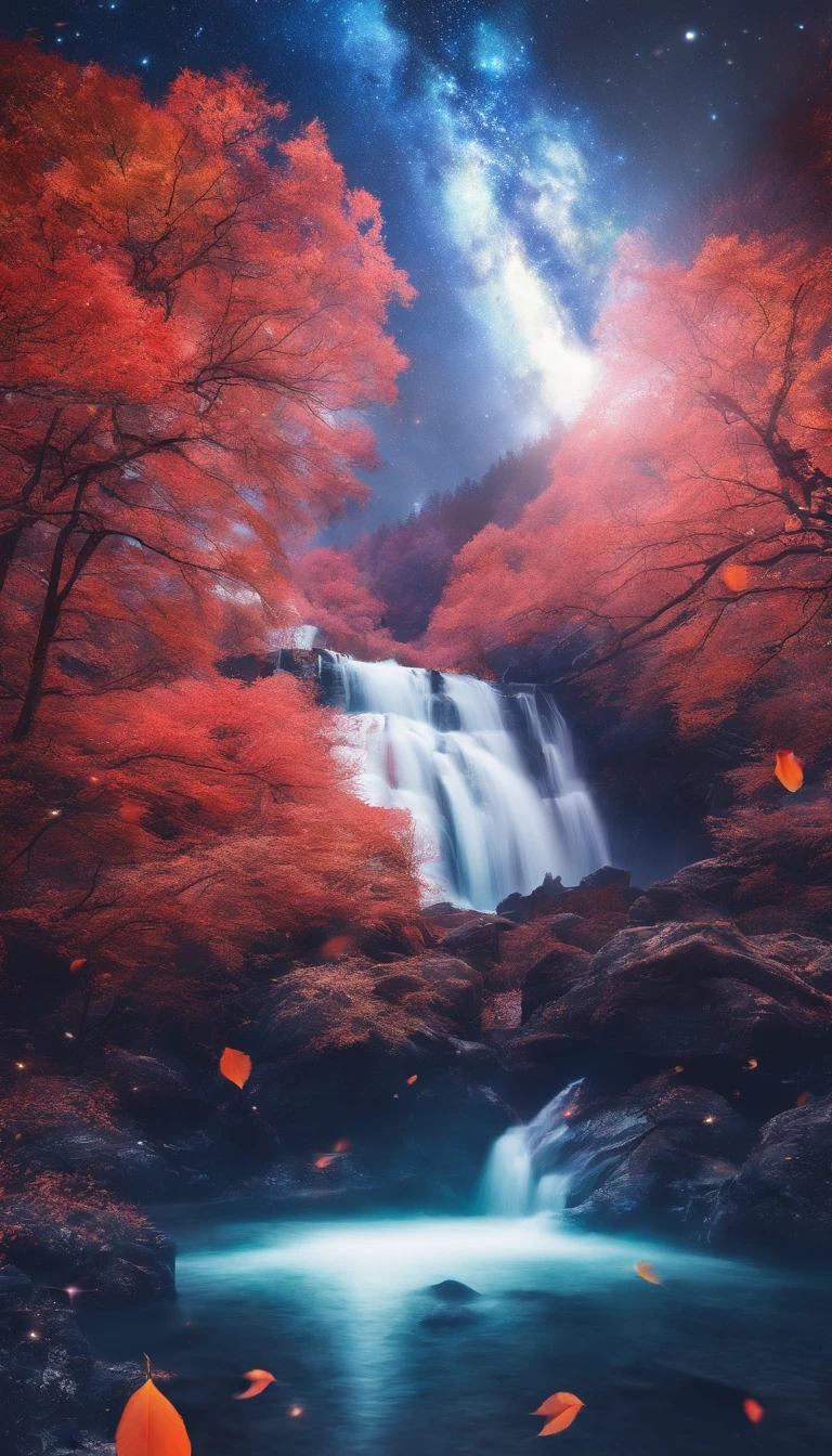 China-style，Ultra-wide angle of view，Beautiful view of autumn，mountain spring，waterfallr，Cloud fog，fall foliage，Fallen leaves all over the ground，oc rendered，high qulity，8K，super-fine，Hyper-realistic，Ultra photo realsisim，35mm camera lens，ultra - detailed