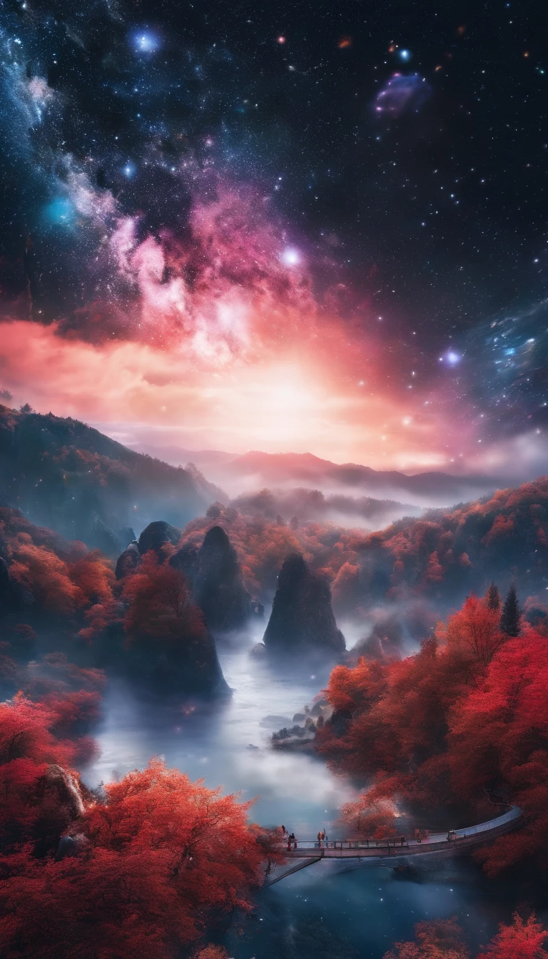 China-style，Ultra-wide angle of view，Beautiful view of autumn，mountain spring，waterfallr，Cloud fog，fall foliage，Fallen leaves all over the ground，oc rendered，high qulity，8K，super-fine，Hyper-realistic，Ultra photo realsisim，35mm camera lens，ultra - detailed