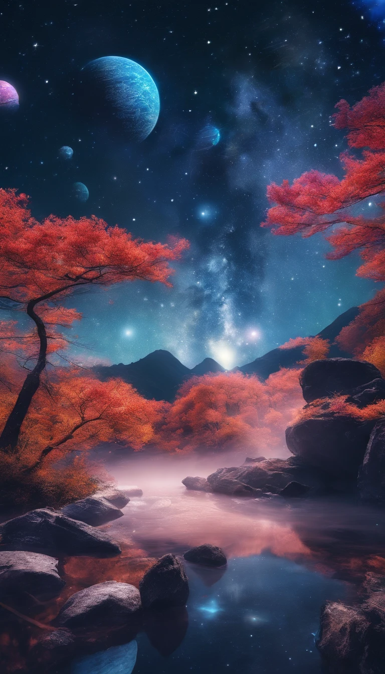 China-style,Ultra-wide angle of view,Beautiful view of autumn,mountain spring,waterfallr,Cloud fog,fall foliage,Fallen leaves all over the ground,oc rendered,high qulity,8K,super-fine,Hyper-realistic,Ultra photo realsisim,35mm camera lens,ultra - detailed