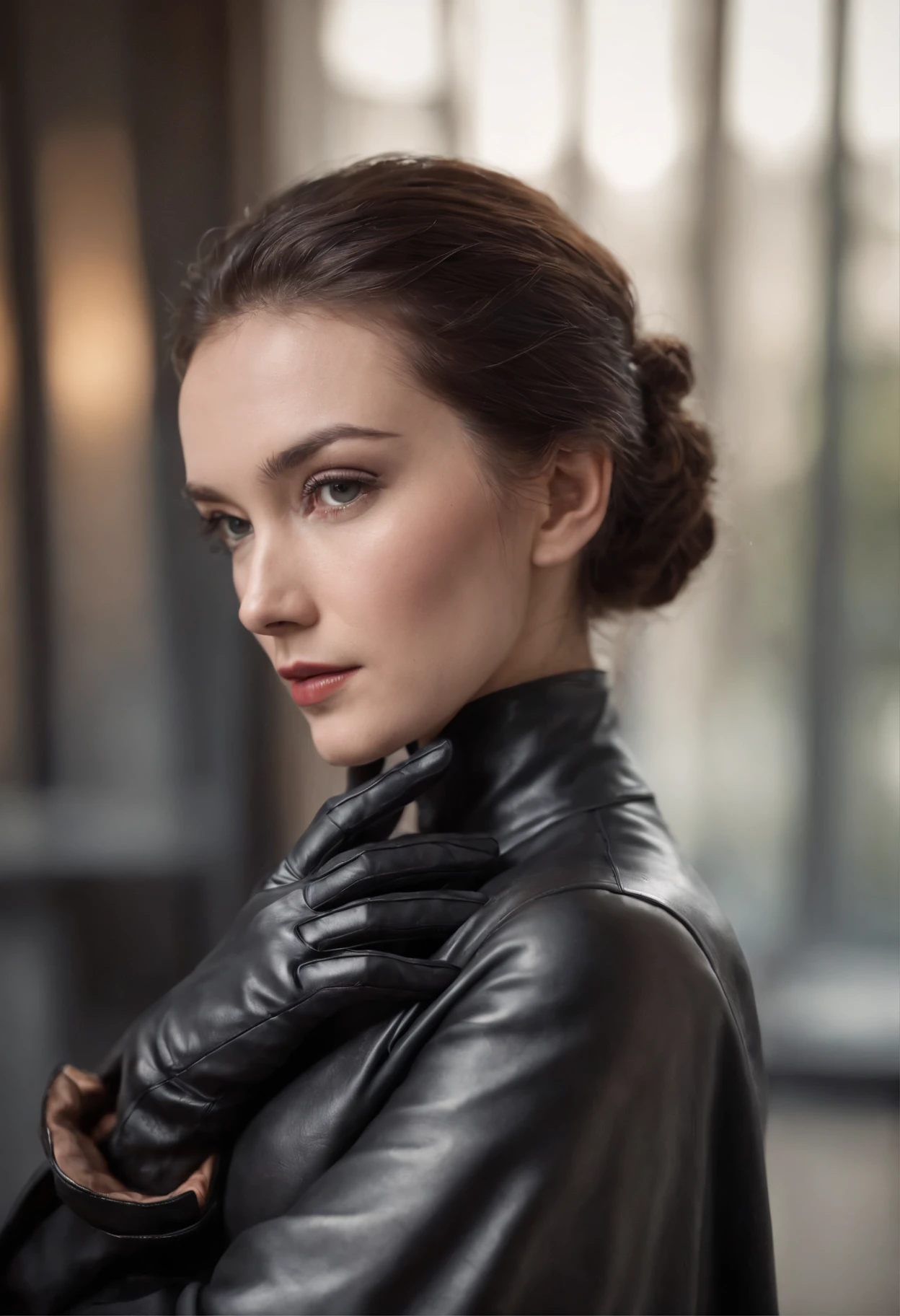 Black leather gloves、Woman in Black Leather Robe