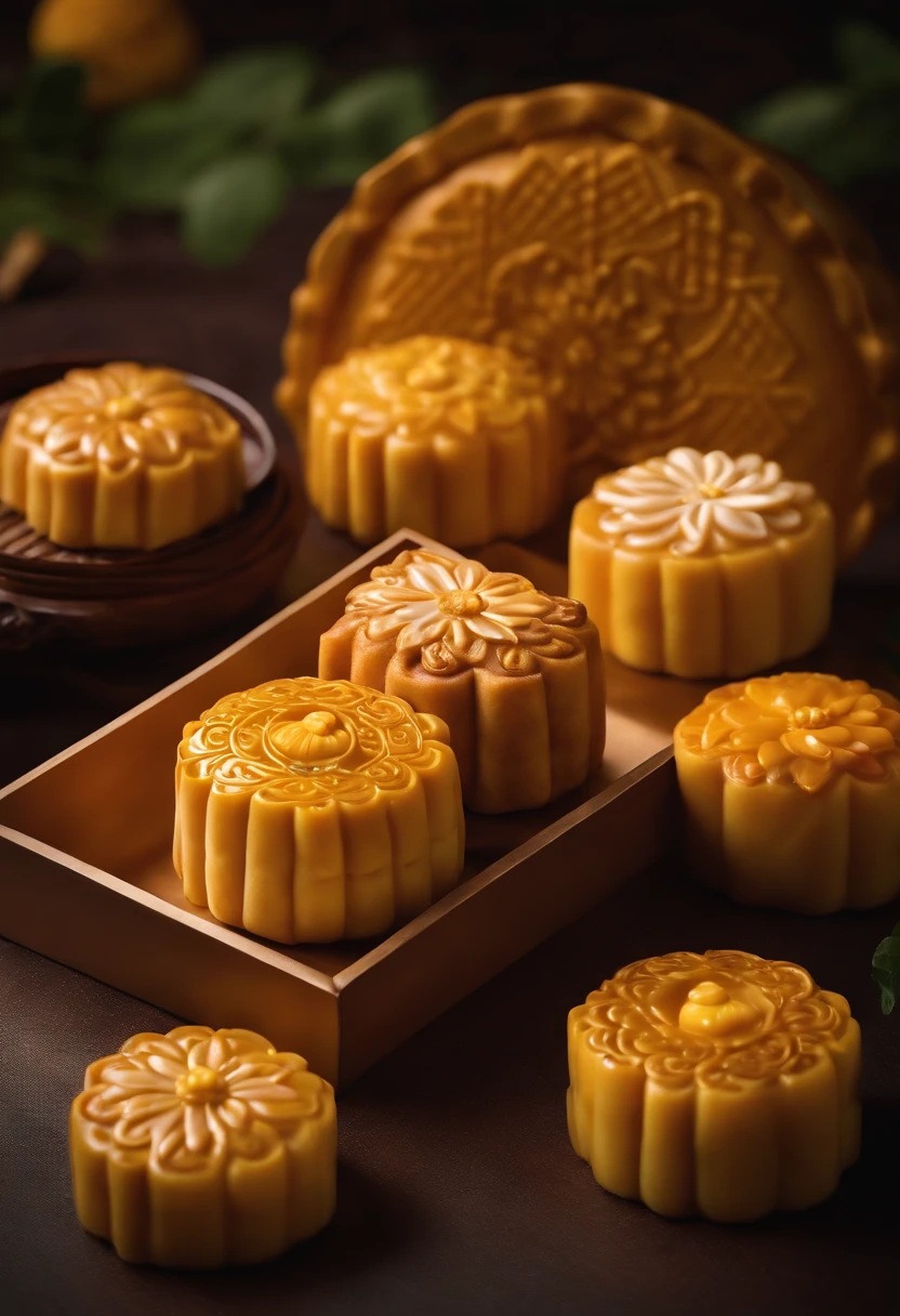 Commercial photography, Cantonese Egg Yolk Moon Cakes, The size of the moon cake, Poster for, Fresh style background, elegant, Booth lighting, Attractive, Photorealistic colors, Ultra HD