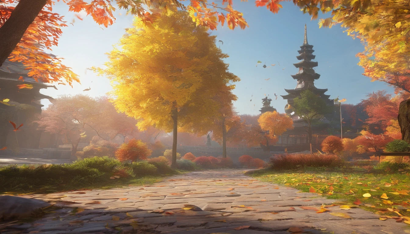 China-style，Ultra-wide angle of view，Beautiful view of autumn，school ground，Wagas，Cloud fog，fall foliage，Fallen leaves all over the ground，Tyndall rays，oc rendered，high qulity，8K，super-fine，Hyper-realistic，Ultra photo realsisim，35mm camera lens，ultra - detailed