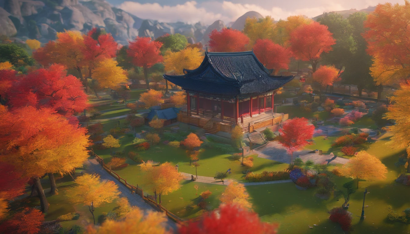 China-style,Ultra-wide angle of view,Beautiful view of autumn,school ground,Wagas,Cloud fog,fall foliage,Fallen leaves all over the ground,Tyndall rays,oc rendered,high qulity,8K,super-fine,Hyper-realistic,Ultra photo realsisim,35mm camera lens,ultra - detailed
