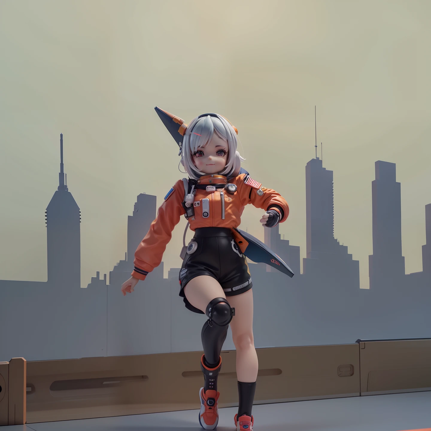 Cute girl ride on spaceship, Smile and cute pose ,Orange and white color, (Cute Astronaut: 1.331), Cute Style, Small, Big Head, 3D Rendering, ((Q Version)), Pokémon style, Machine Style, Cinematic Texture, Figures, Pokémon, Lights, Heavy Robotic Arm, Mechanical Belly, Mechanical Legs, Mechanical Legs, Mechanical Sense, Spinning, Colorful Lightning, Lightning, Cool, Clean White Background, Ray Tracing, Premium Colors, Full Body 3D Model, Action, Stylish Blind Box Toys. (fill body:1.2),chibi