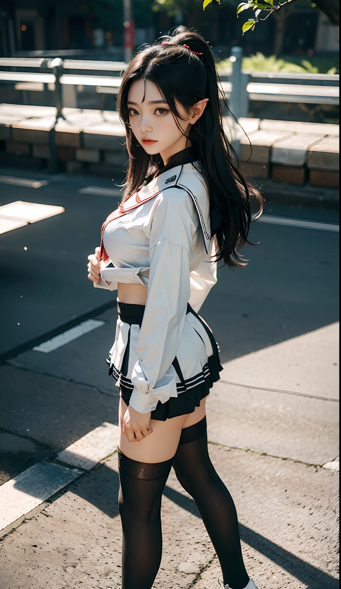 (Japanese-style school，the cherry trees：1 Elf beauty，standing on your feet，a sailor suit）， tmasterpiece， best qualtiy， RAW photogr，closeup of face，realisticlying， Incredibly Ridiculous res，Elf long ears， ear studs，hair pin， (Long flowing silver-black hair：1.9)，eye shadows，(a sailor suit)，eardrop，foot ring，short  skirt，(Black sport socks)（Black half-knee socks)，（Black sport socks），(Low-heeled leather shoes)，two longer legs，depth of fields， A high resolution， ultra - detailed， filigree， RAWE is very detailed， very detailed eyes and faces， Sharp pupils， realistic pupil， tack sharp focus， cinmatic lighting，full bodyesbian，Bigboobs，long leges，From the front side，dynamicposes，Normal posture，closeup of face