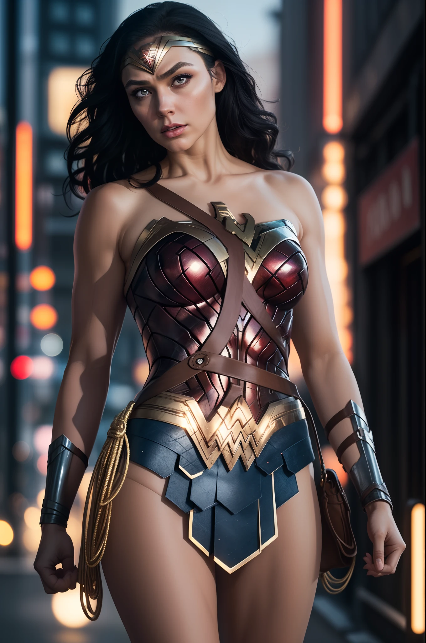 Wonder woman, Portrait photo by Altgarm, realism style, Glowing skin, Cartoon hero, Defined lips, Strong physical strength, Feminine body, Full body, viewer, (serious facial expression:1.2), Depth of field f/1.8, (((looking in camera))), Camera orientation, Building Street, natta, neon light, ultra wide lens, (Shooting from below),