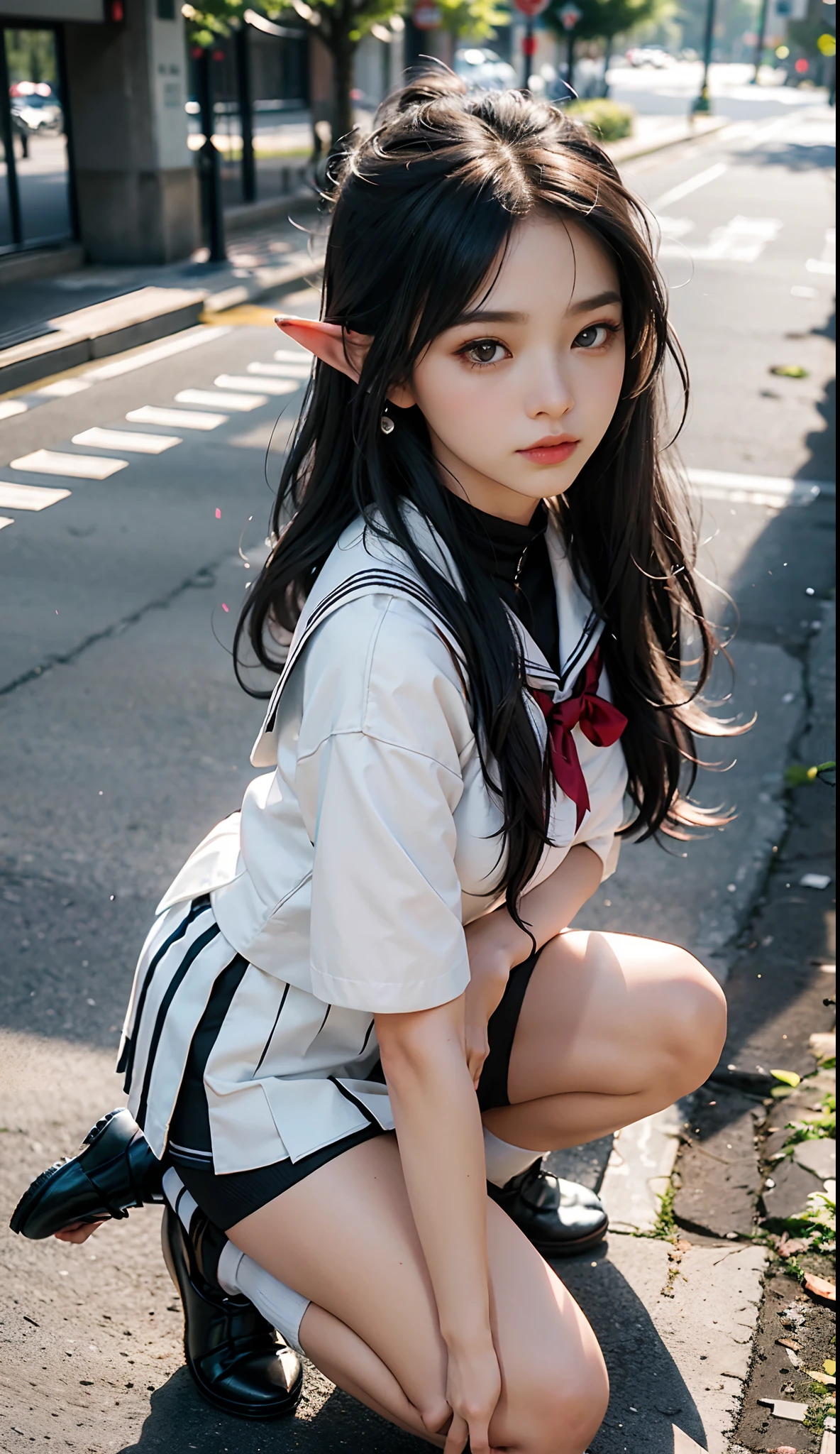 (Japanese-style school，the cherry trees：1 Elf beauty，standing on your feet，a sailor suit）， tmasterpiece， best qualtiy， RAW photogr，closeup of face，realisticlying， Incredibly Ridiculous res，Elf long ears， ear studs，hair pin， (Long flowing silver-black hair：1.9)，eye shadows，(a sailor suit)，eardrop，foot ring，short  skirt，(Black sport socks)（Black half-knee socks)，（Black sport socks），(Low-heeled leather shoes)，two longer legs，depth of fields， A high resolution， ultra - detailed， filigree， RAWE is very detailed， very detailed eyes and faces， Sharp pupils， realistic pupil， tack sharp focus， cinmatic lighting，full bodyesbian，Bigboobs，long leges，From the front side，dynamicposes，Normal posture，closeup of face