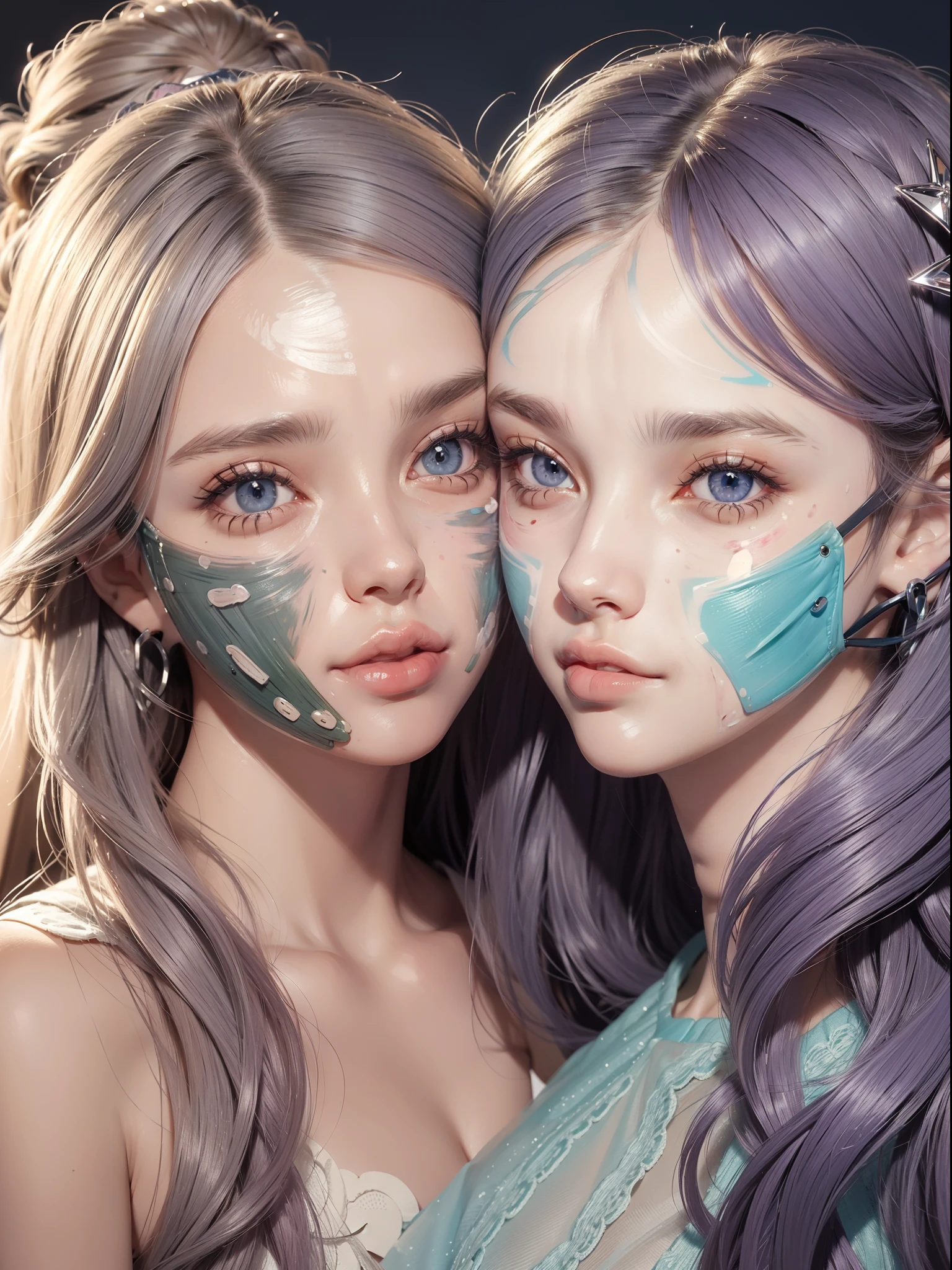 2 jovens, Beautiful girl,Metade do corpo perfeito,(foco facial:2), (face lateral:1), (cabelo vermelho e curto,penteado na altura do queixo) , (lilac-colored eyes, olhos realistas,Olhos bonitos e grandes) vestido curto de couro preto e vermelho cor. 2 mulheres de costas uma para a outra, cabelos e olhos de tom diferentes