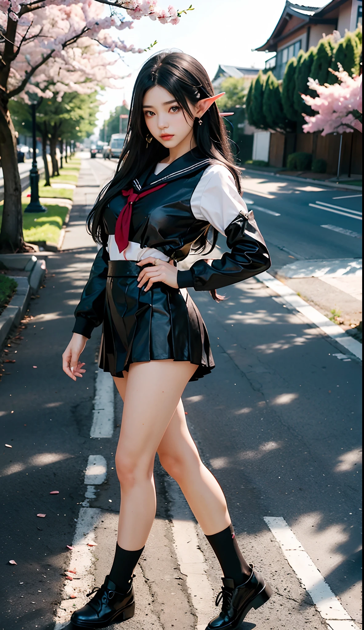 (Japanese-style school,the cherry trees:1 Elf beauty,standing on your feet,a sailor suit), tmasterpiece, best qualtiy, RAW photogr,closeup of face,realisticlying, Incredibly Ridiculous res,Elf long ears, ear studs,hair pin, (Long flowing silver-black hair:1.9),eye shadows,(a sailor suit),eardrop,foot ring,short skirt,(Black sport socks)(Black half-knee socks),(Black sport socks),(Low-heeled leather shoes),two longer legs,depth of fields, A high resolution, ultra - detailed, filigree, RAWE is very detailed, very detailed eyes and faces, Sharp pupils, realistic pupil, tack sharp focus, cinmatic lighting,full bodyesbian,Bigboobs,long leges,From the front side,dynamicposes,Normal posture,closeup of face