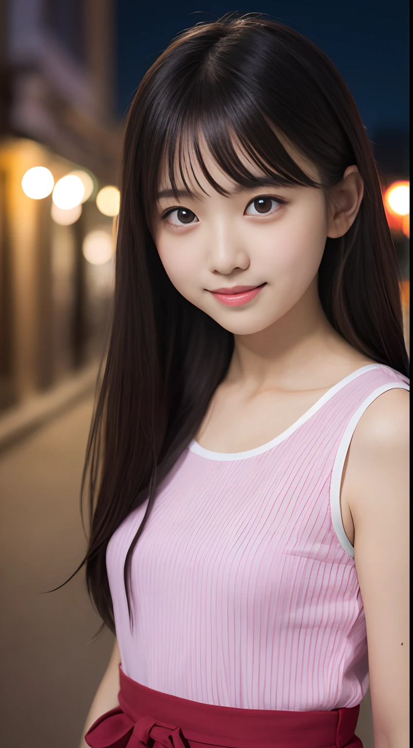 masutepiece, Best Quality, 8K, 18year old, , Raw photo, absurderes, award winning portrait, Smile, Smile, Solo, Night, neons, Idol face, violaceaess, gardeniass, Delicate girl, Upper body, Digital SLR, Looking at Viewer, Candid, Sophisticated, zora々Right, Thin arms, Professional Lighting, Film grain, chromatic abberation, (Eyes and faces with detailed:1.0), (Bokeh:1.1)