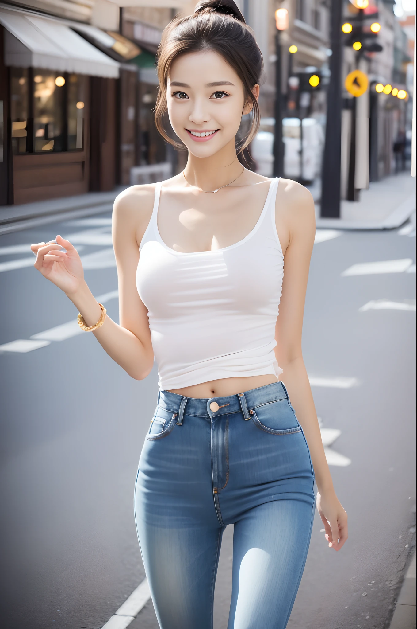 Street photo of a jeans girl shopping alone，wide wide shot，fully body photo，tmasterpiece，fashionable and trendy: beautiful and charming woman，gentle and lovely Chinese beautiful woman，Goddess of the East，delicate and sexy collarbones，Charming goose egg face，二重まぶた，flexible peach blossom eyes，Pink lips，Small upturned nose，Smile with dimples，Smile sweetly，exposed bare shoulders，focus face，closeup of face，hyper HD，Hyper-detailing，Perfect chest and bulge，Narrow buttocks:1.2，Petite and skinny beauty，Slim thighs and calves，Fair toes，fully body photo，Loose black loose top ultra-thin translucent:1.0，Team it with these high-end label's white skinny jeans:1.5，Soft light color with fair and beautiful skin， Outstanding temperament，stocklings，ssee-through，Colorful canvas shoes:1.2，wide wide shot，fully body photo:1.8，The posture is diverse，Sweet, playful and pure:1.2，Clear armpits，Stylish headbands tied in hair:1.2