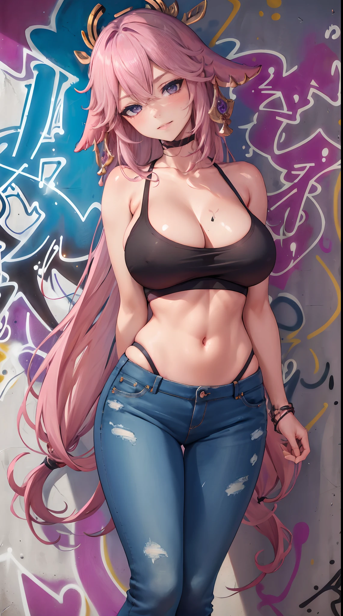 Yae Miko|genshin impact, master-piece, bestquality, 1girls,25 years old, Black T-shirt, Long Jeans, Beautiful breasts, bara, Long Jeans, (Graffiti:1.5), Splash with purple lightning pattern., arm behind back, against wall, View viewers from the front., Thigh strap, Head tilt, bored,