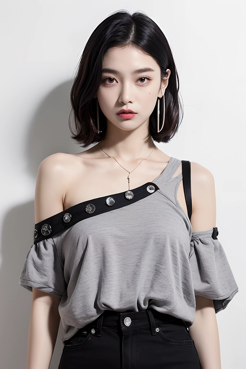 (extra detailed body、extra detailed face、best qualtiy:1.2)、femele、looking at the viewers、(Wacky fashion、Large shoulder-length piercings、a necklace、Clothes with strong contrast of purple, white and black、asymmetry)、(Contrasting white and gray wall on background)