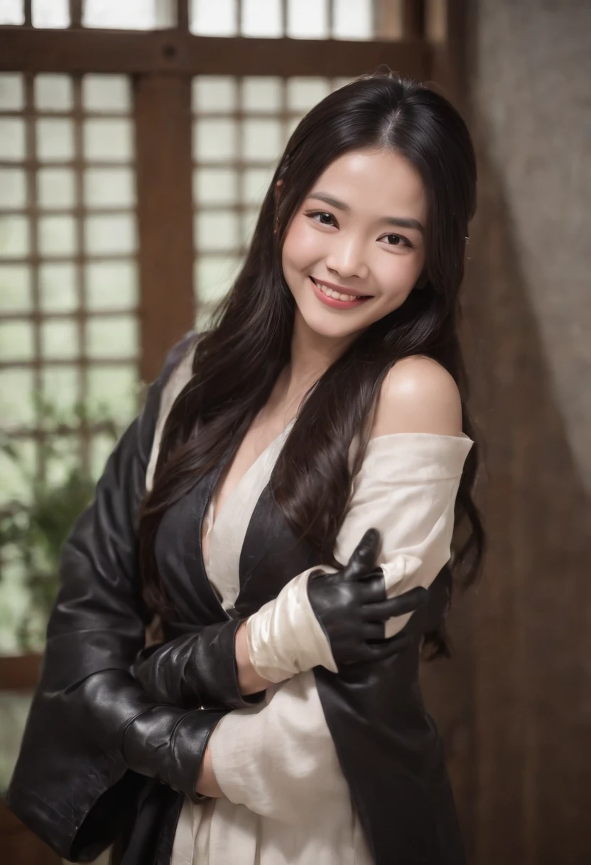 Black leather gloves、of loose robes、long black hair、Japan woman smiling